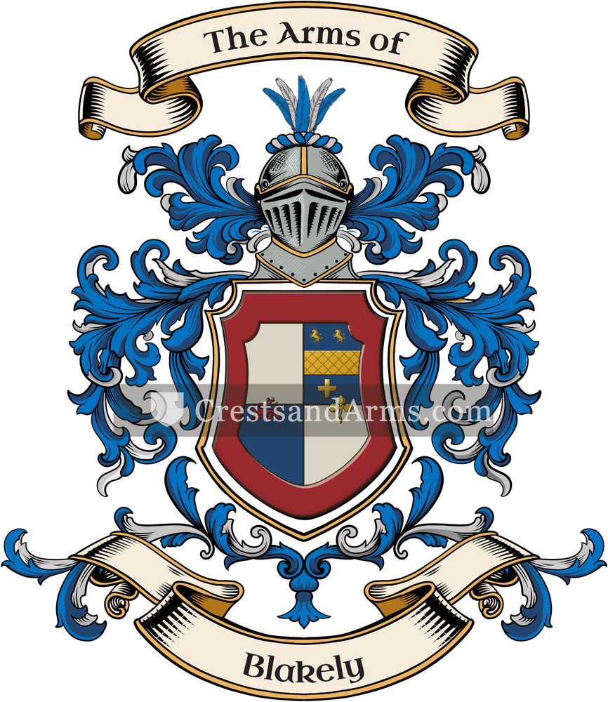 The Blakely coat of arms, drawn from the recorded blazon