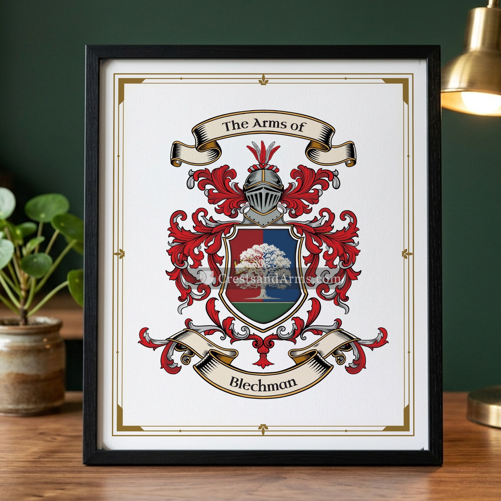 The Blechman arms on the framed, black wood