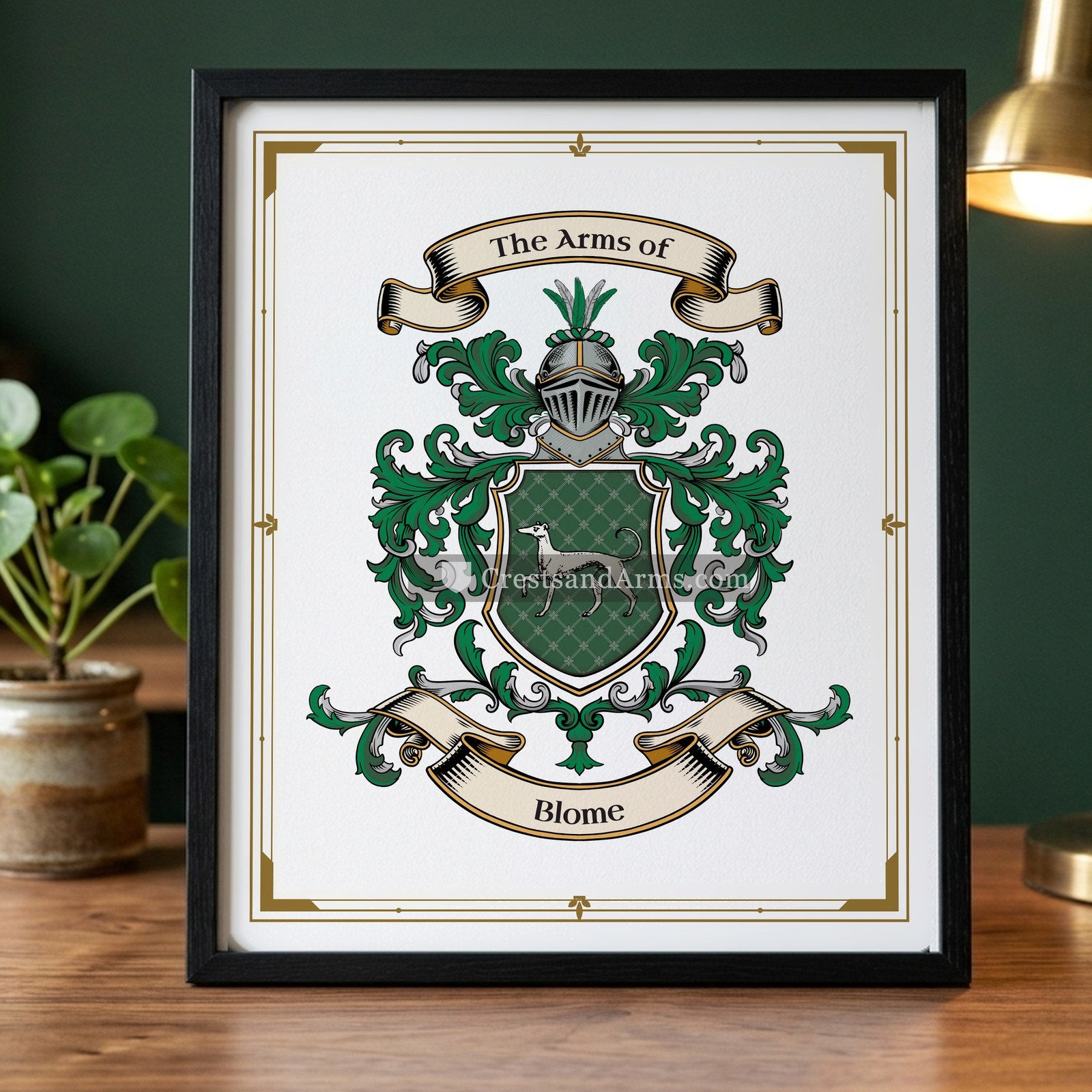 The Blome arms on the framed, black wood