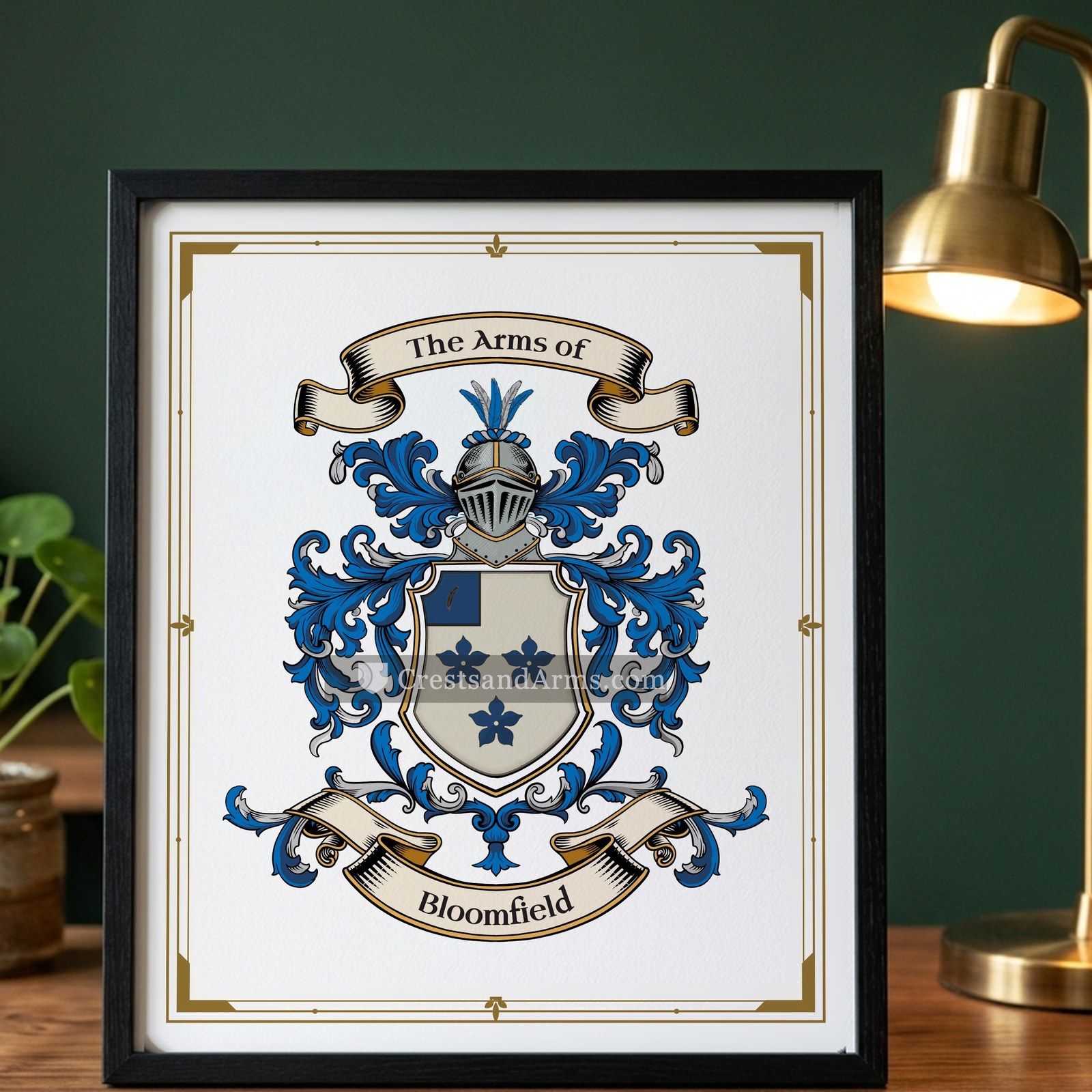 The Bloomfield arms on the framed, black wood