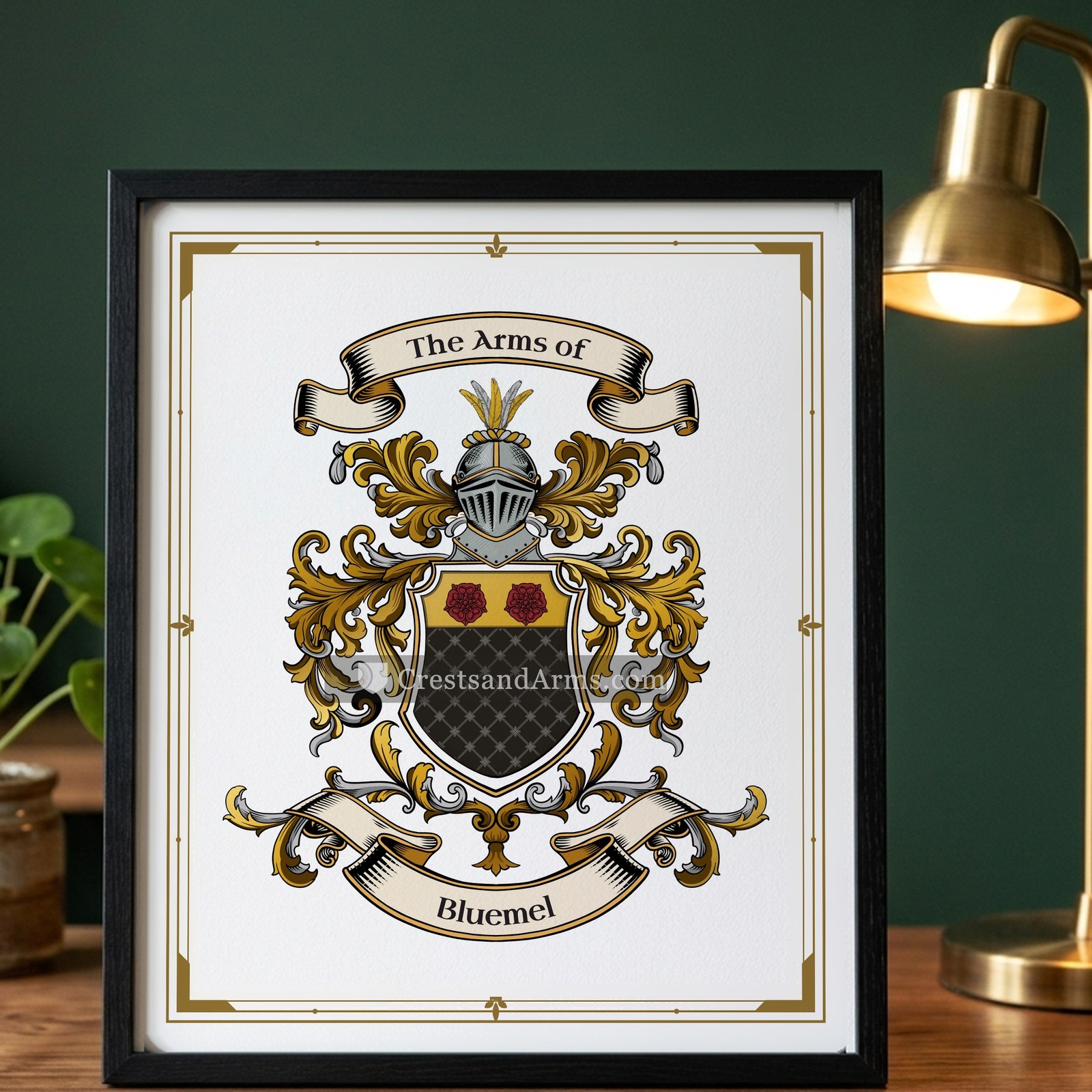 The Bluemel arms on the framed, black wood