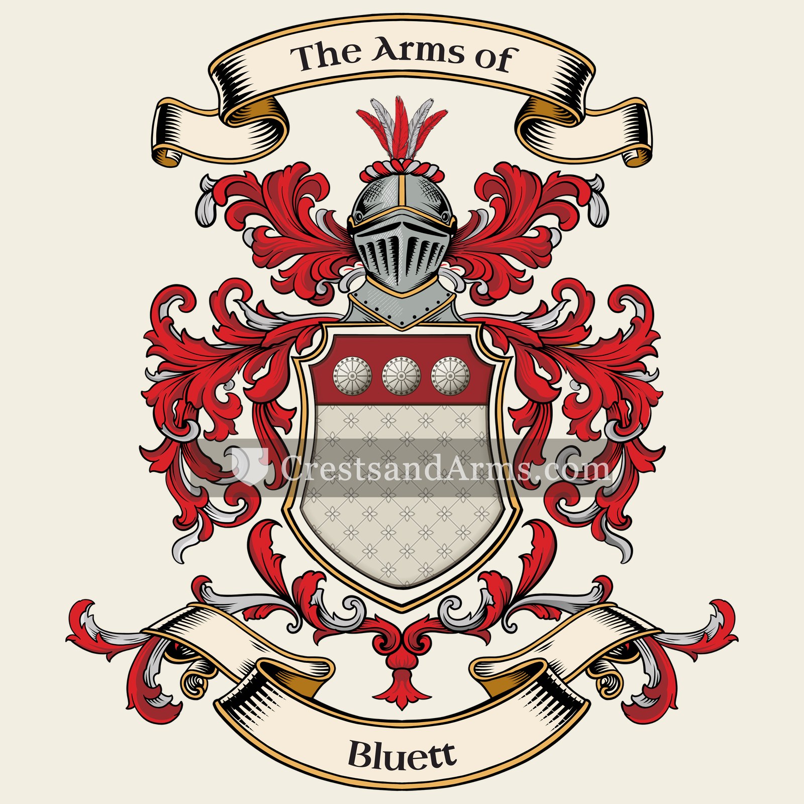The Bluett coat of arms, drawn from the recorded blazon