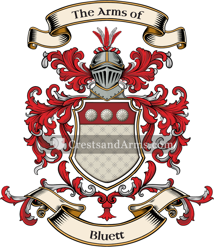The Bluett coat of arms, drawn from the recorded blazon