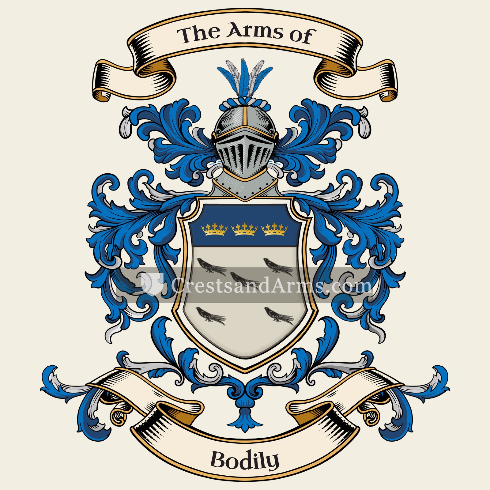 The Bodily coat of arms, drawn from the recorded blazon