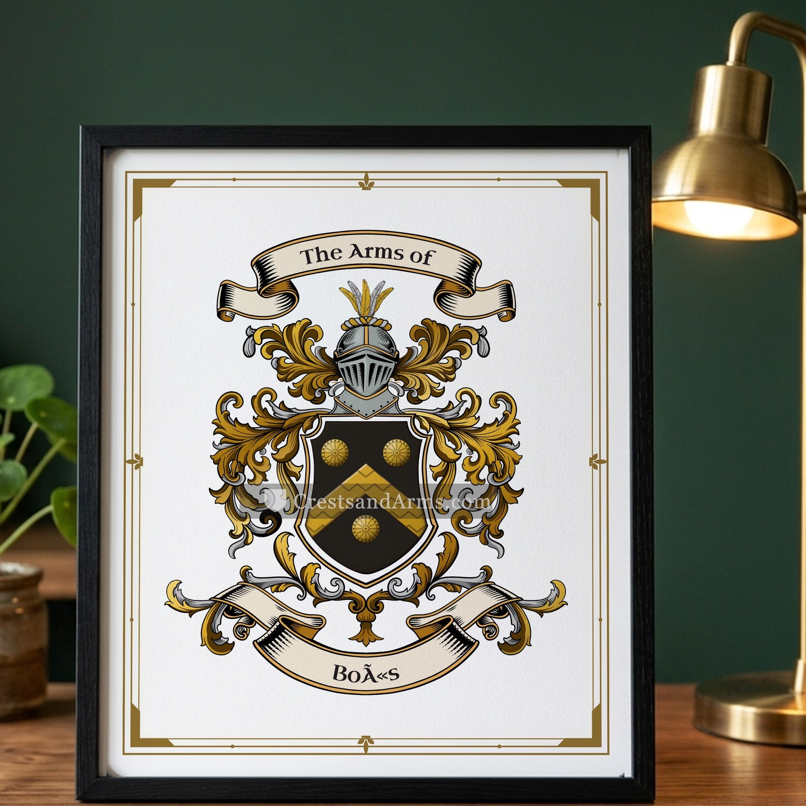 The Boës arms on the framed, black wood