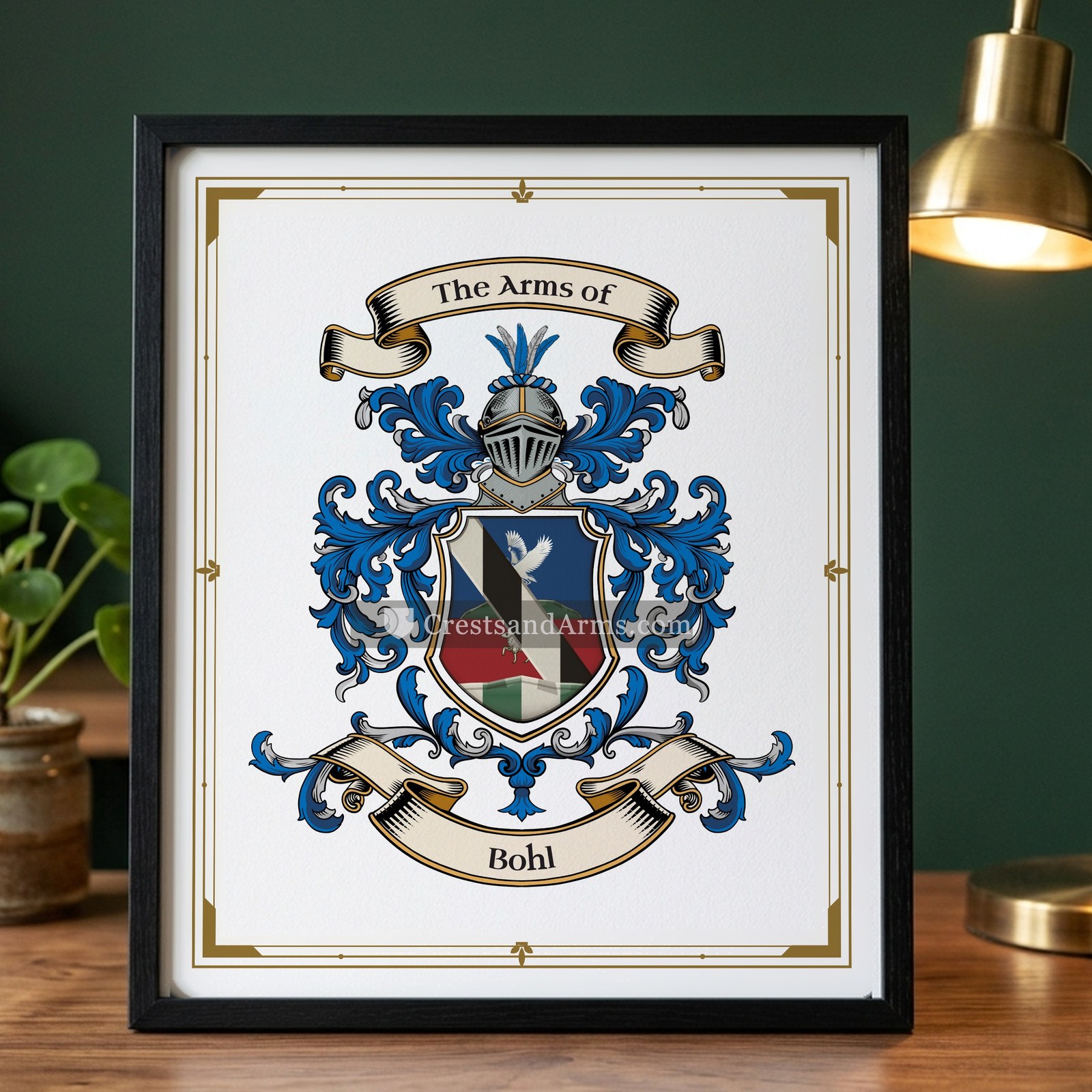 The Bohl arms on the framed, black wood