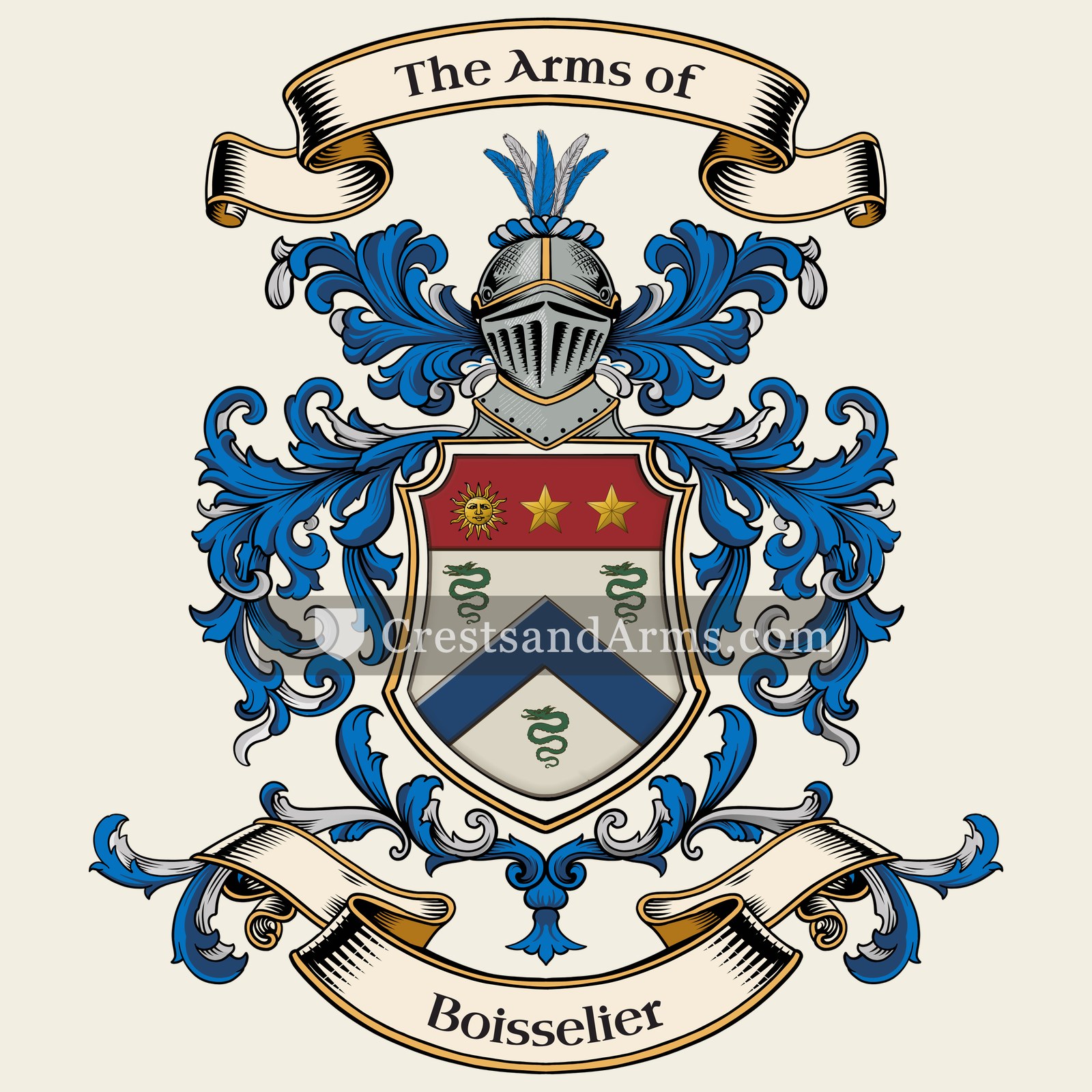 The Boisselier coat of arms, drawn from the recorded blazon