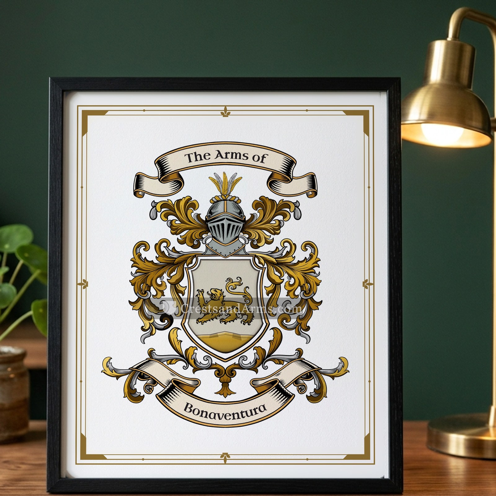 The Bonaventura arms on the framed, black wood