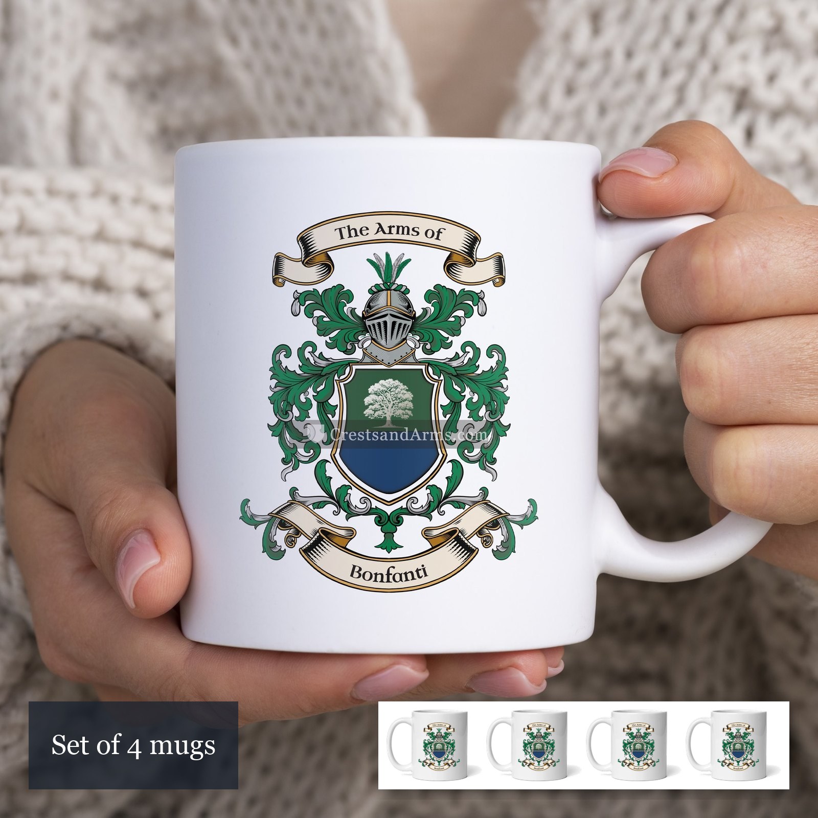 The Bonfanti arms on the set of 4 mugs