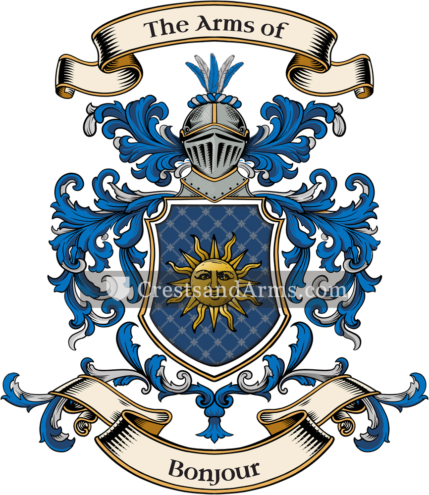 The Bonjour coat of arms, drawn from the recorded blazon