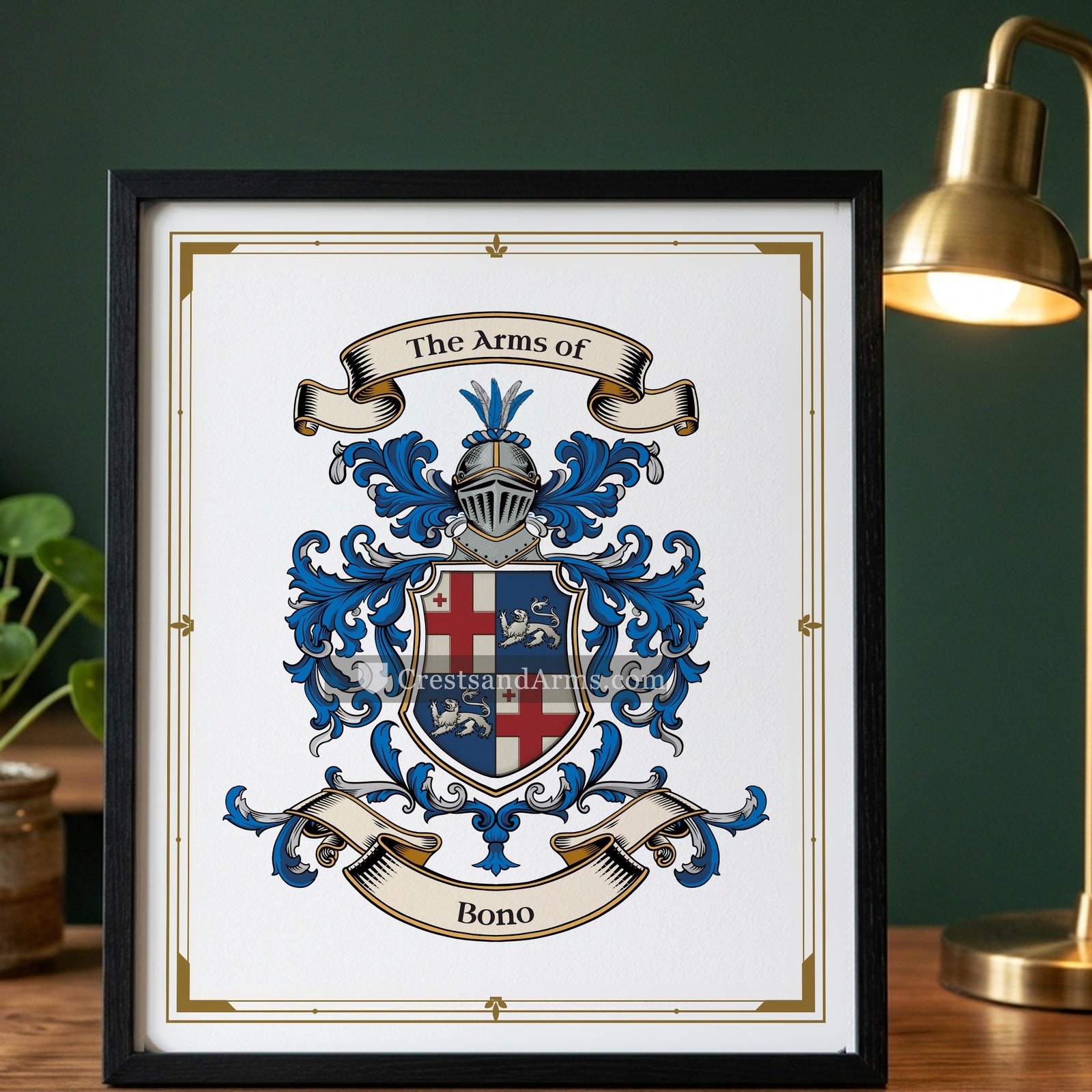 The Bono arms on the framed, black wood