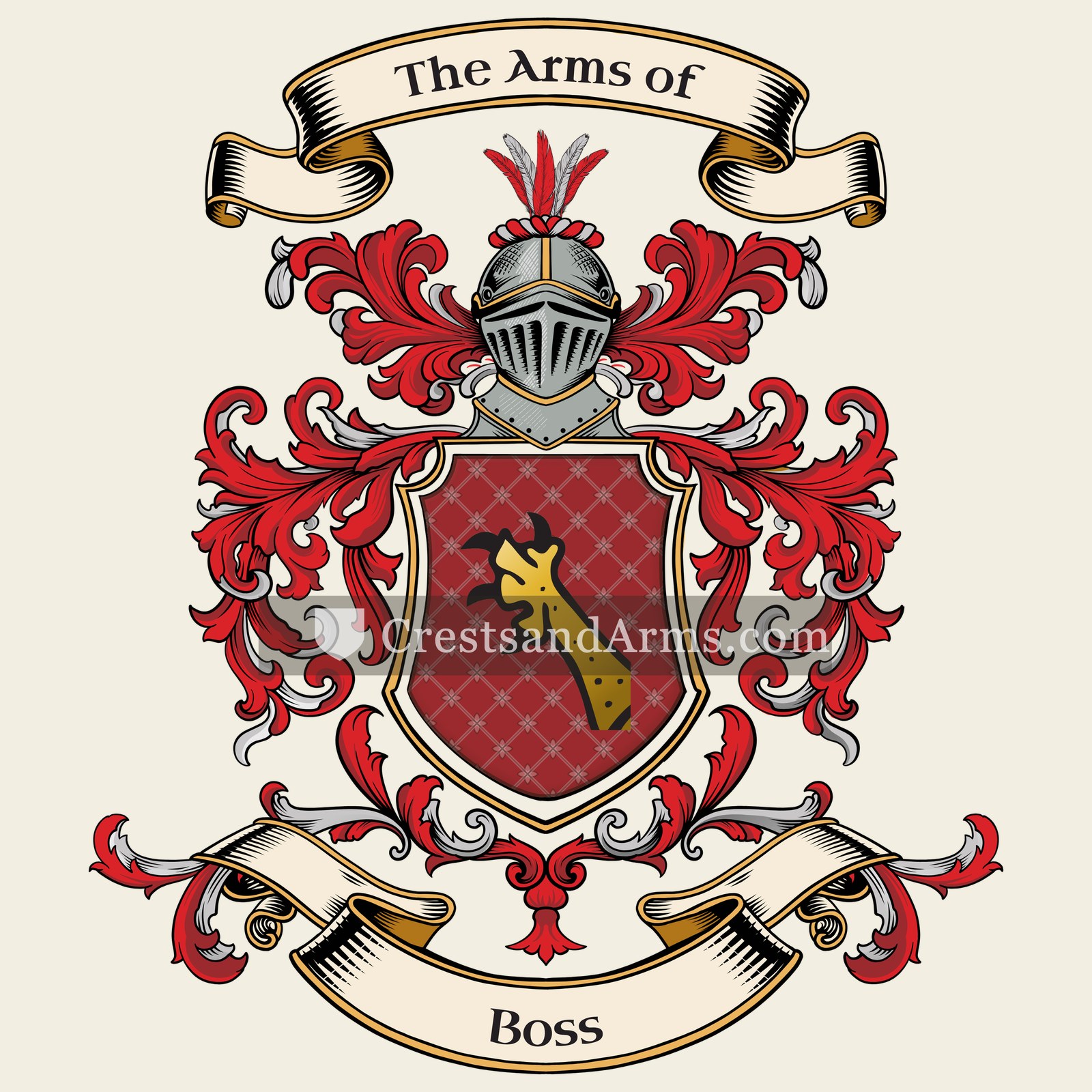 The Boss coat of arms, drawn from the recorded blazon