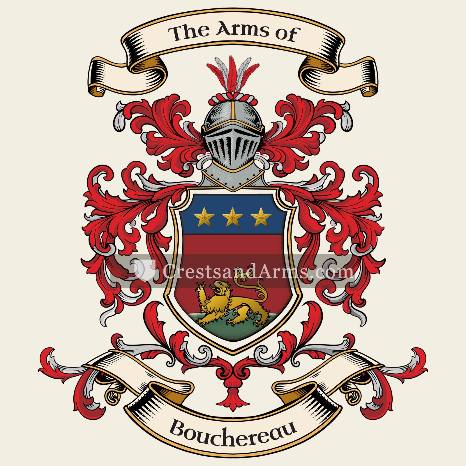 The Bouchereau coat of arms, drawn from the recorded blazon