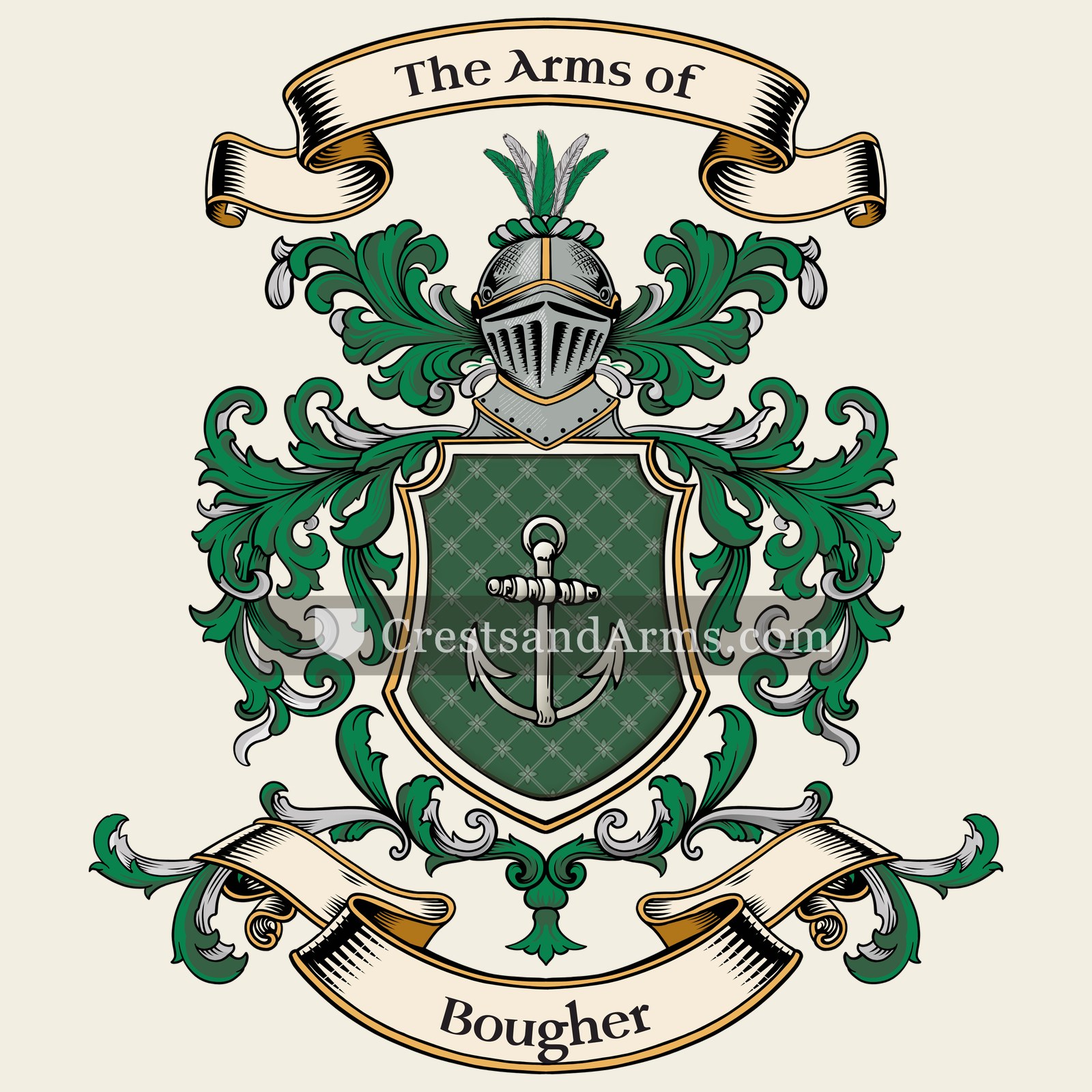 The Bougher coat of arms, drawn from the recorded blazon