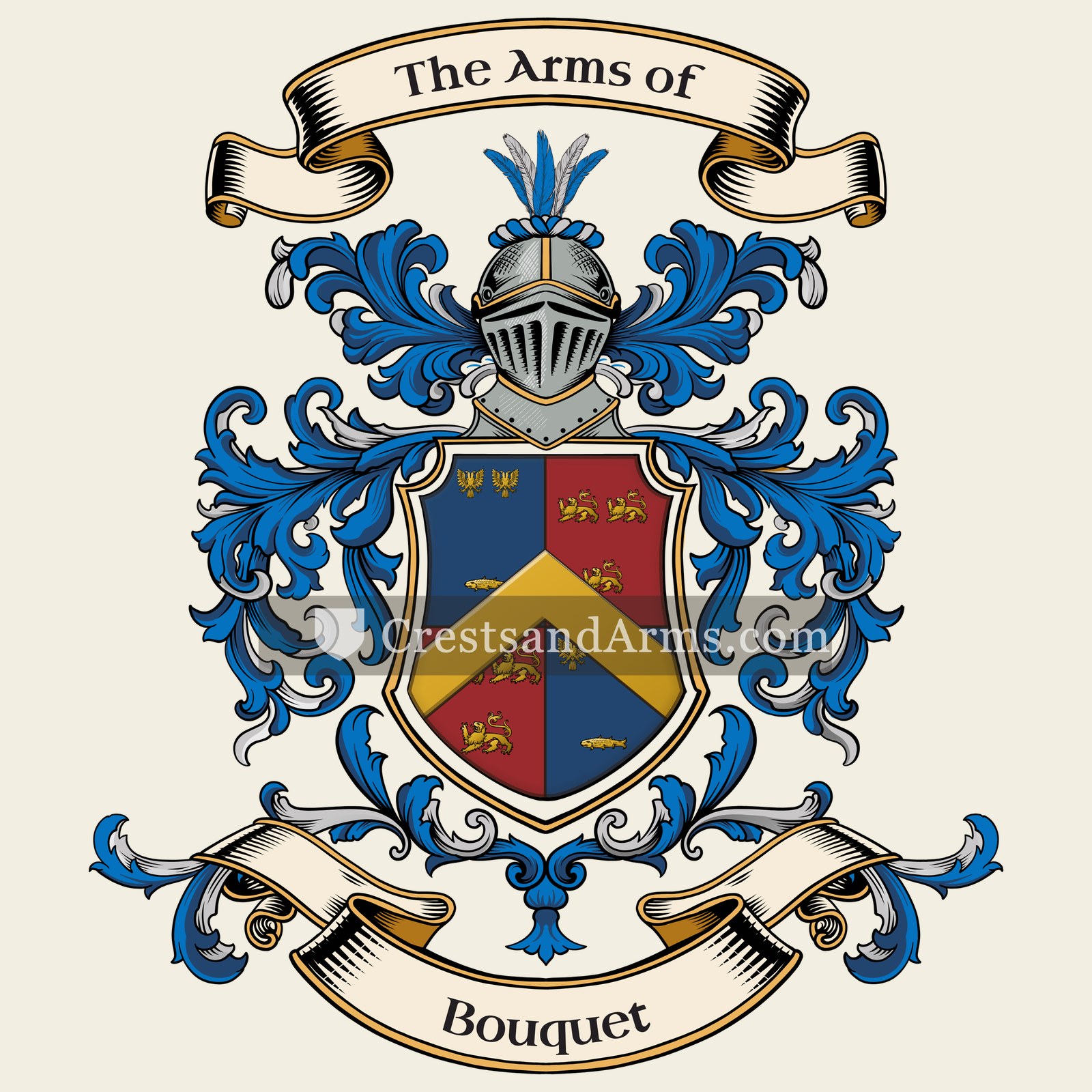 The Bouquet coat of arms, drawn from the recorded blazon