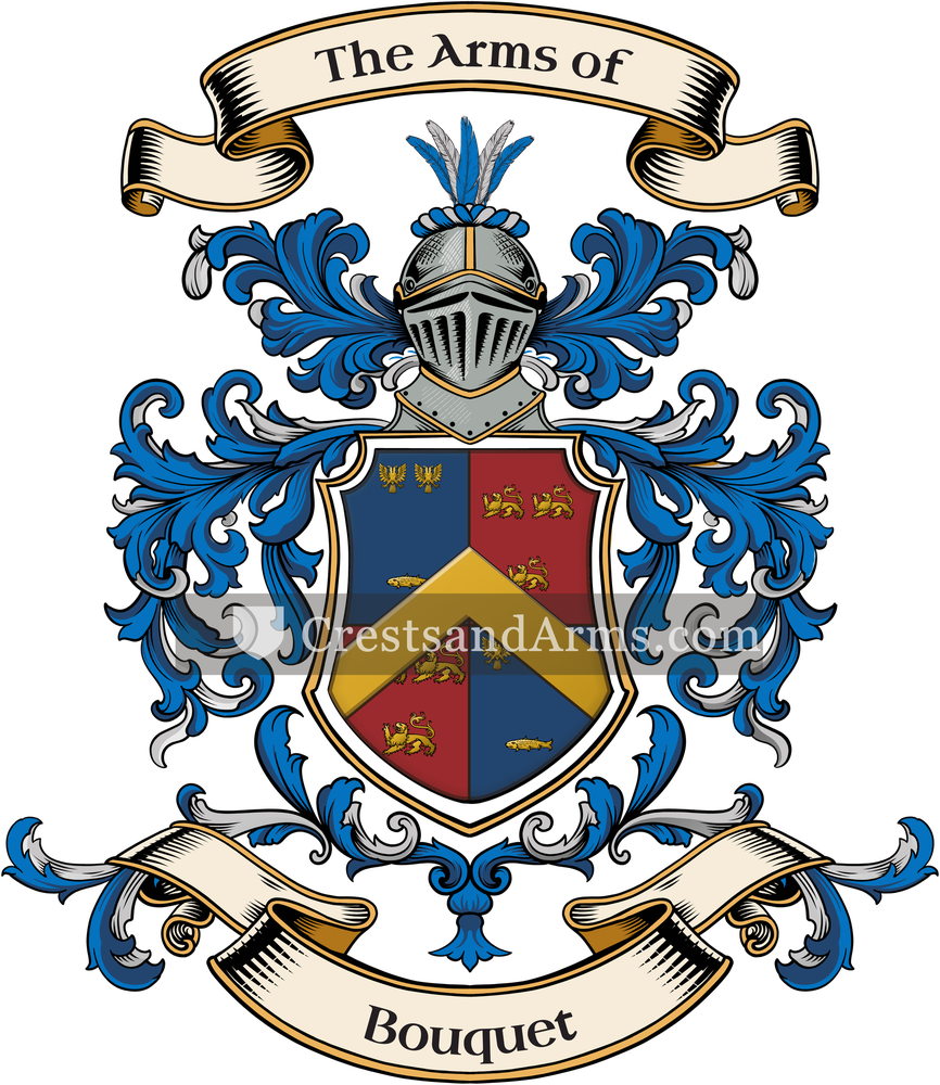 The Bouquet coat of arms, drawn from the recorded blazon