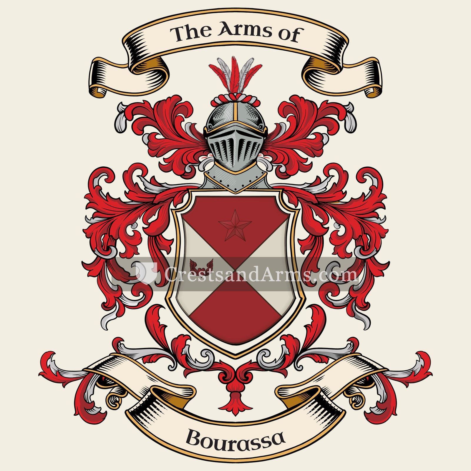 The Bourassa coat of arms, drawn from the recorded blazon