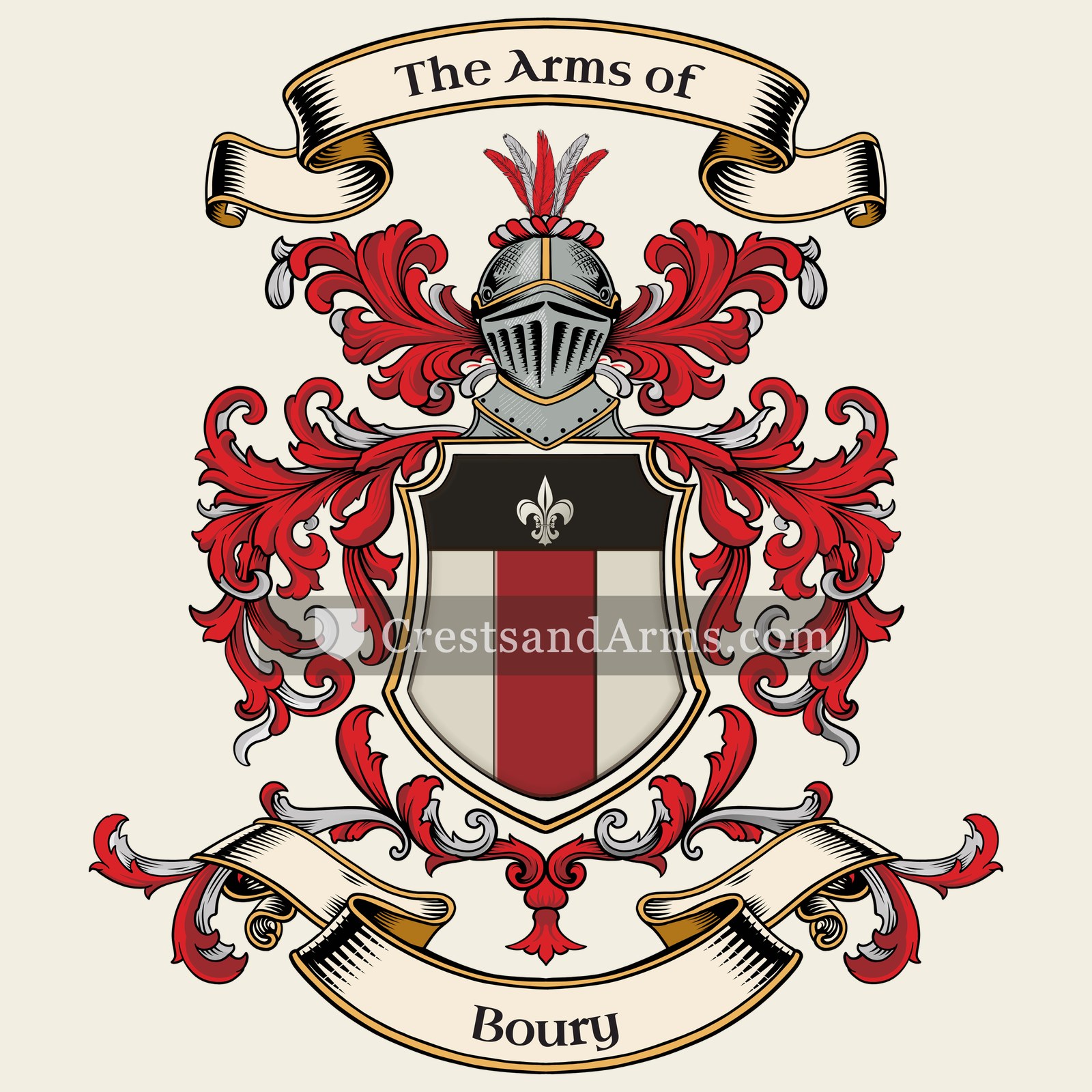 The Boury coat of arms, drawn from the recorded blazon