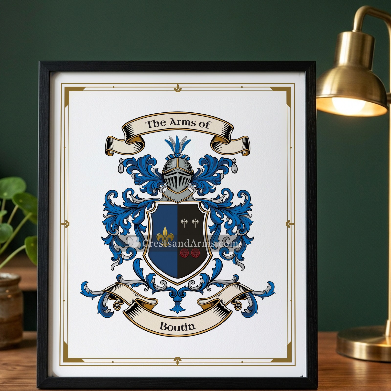 The Boutin arms on the framed, black wood