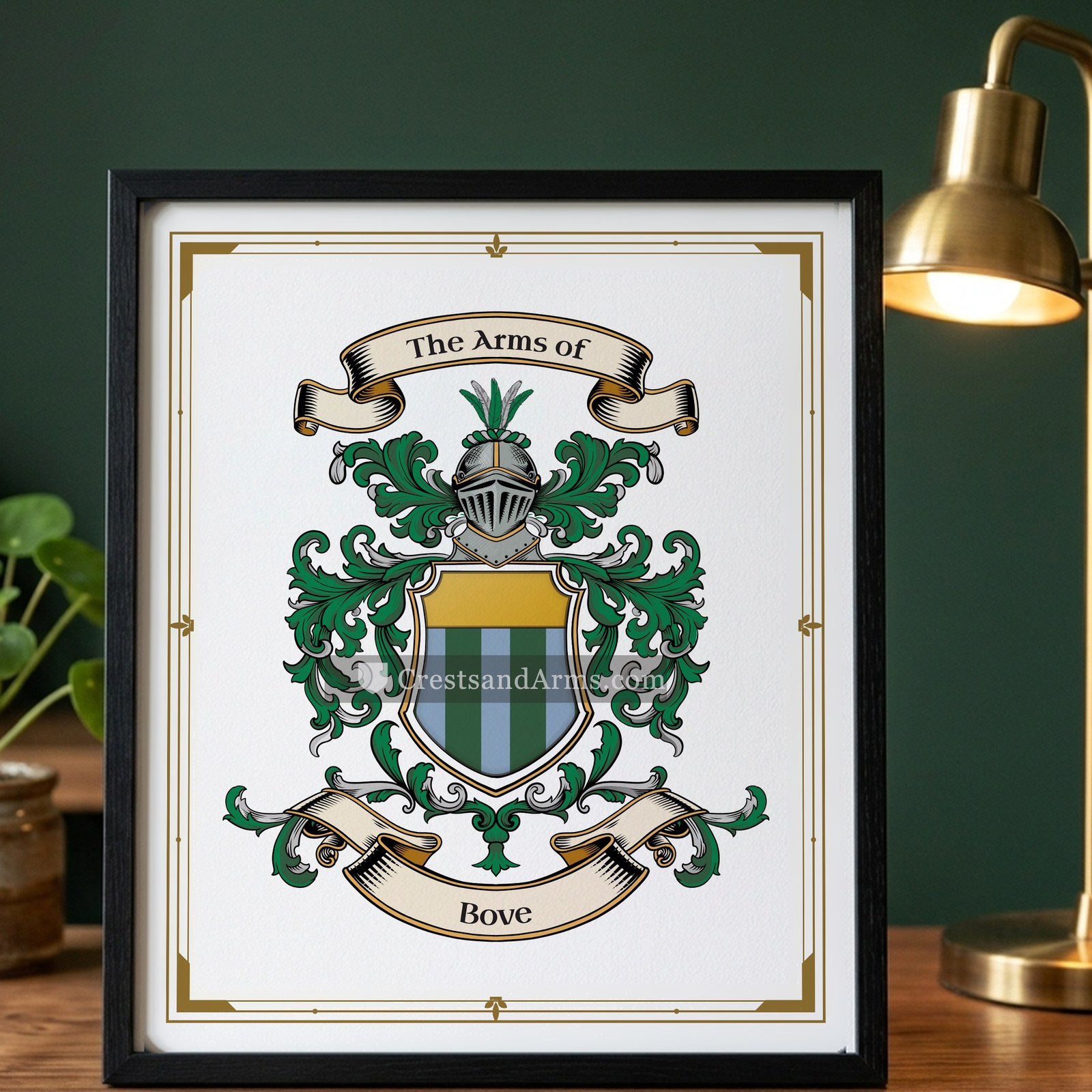 The Bove arms on the framed, black wood