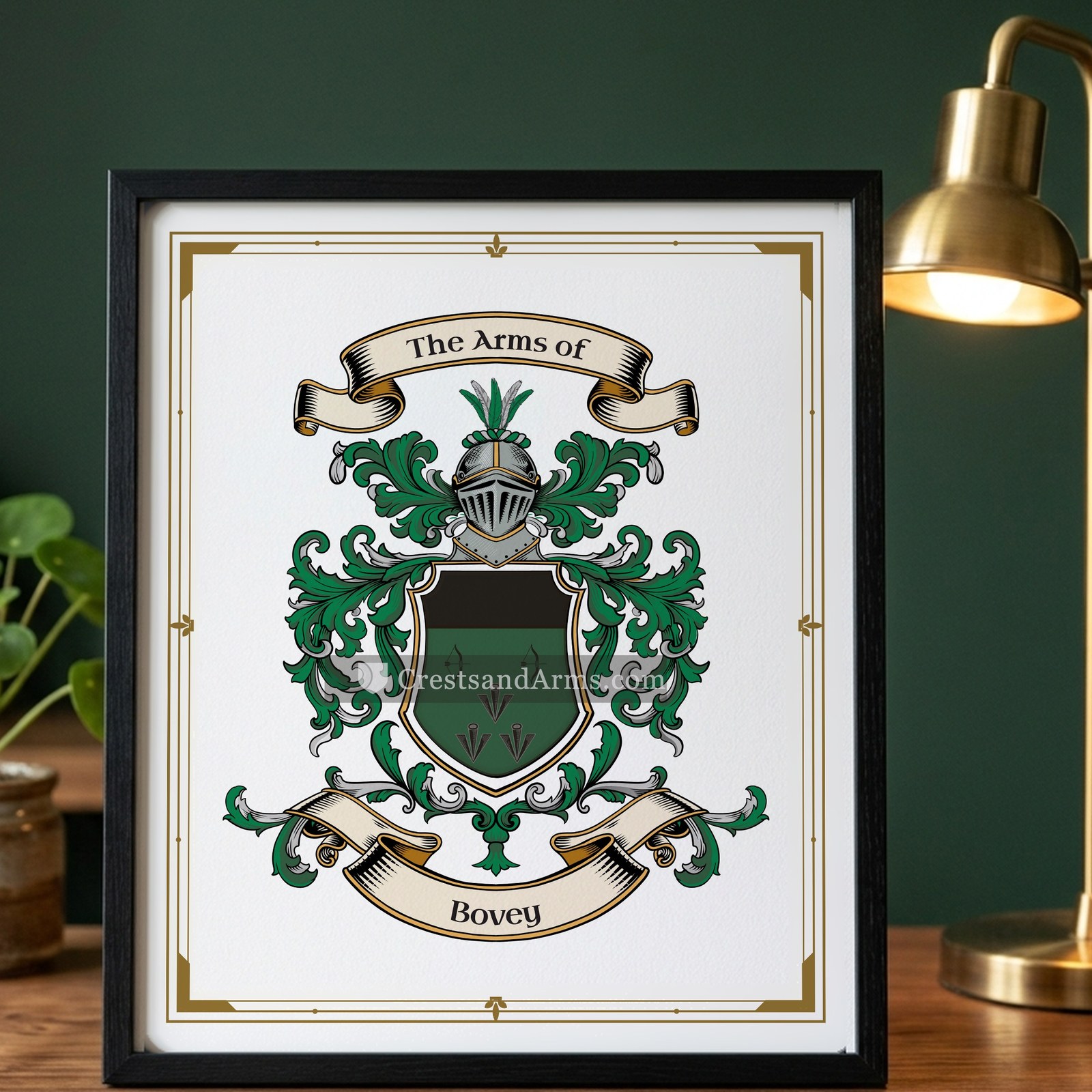 The Bovey arms on the framed, black wood