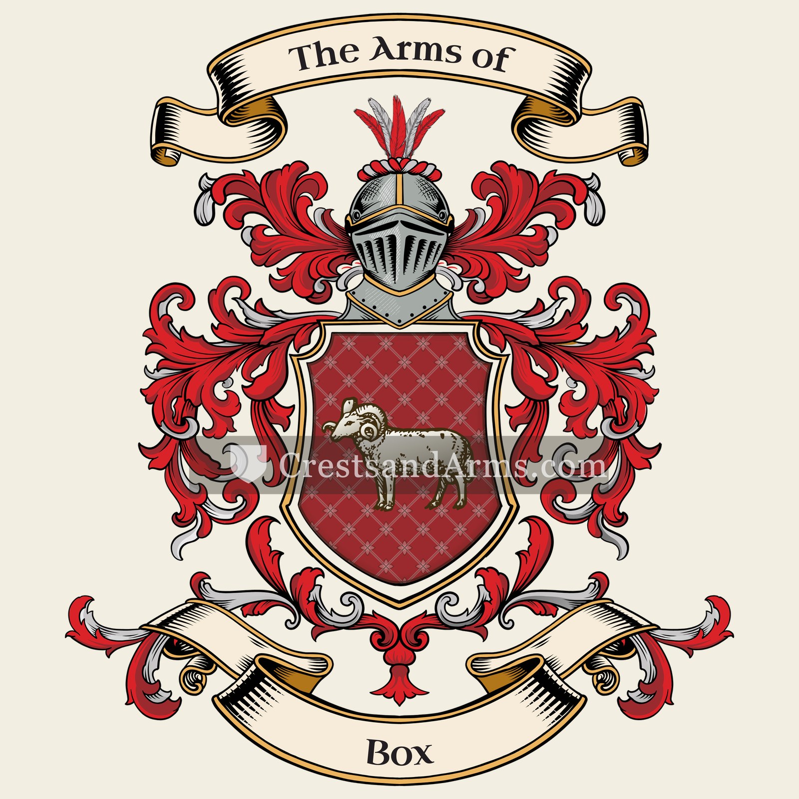 The Box coat of arms, drawn from the recorded blazon