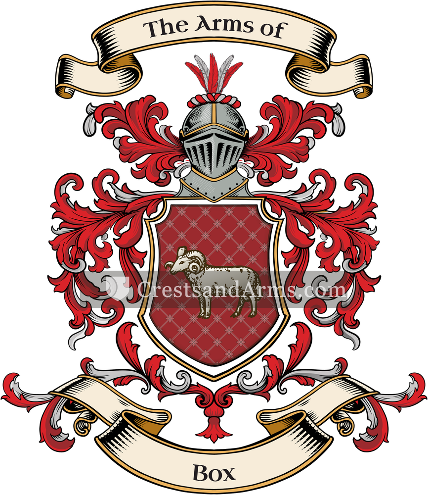 The Box coat of arms, drawn from the recorded blazon