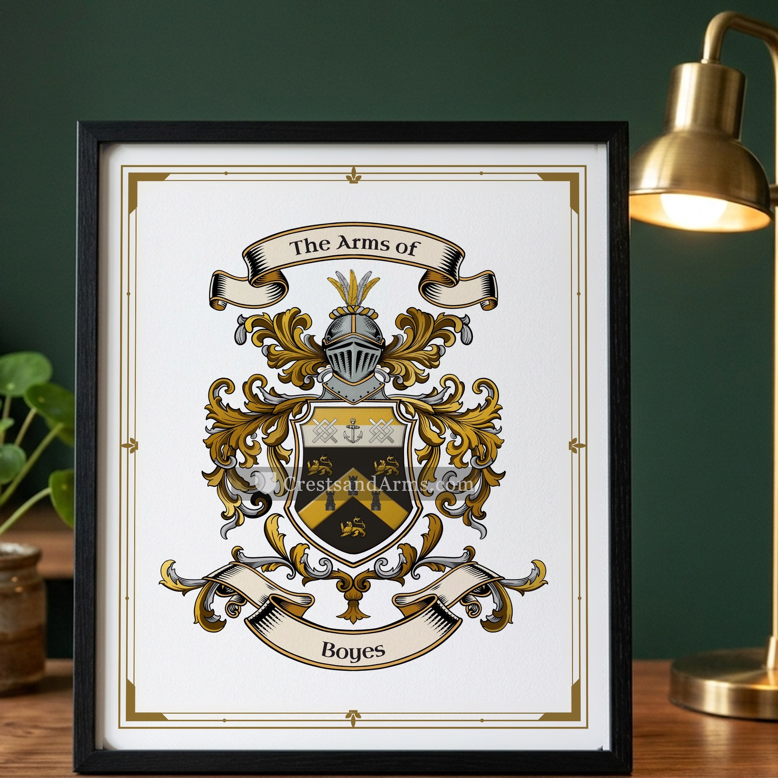 The Boyes arms on the framed, black wood