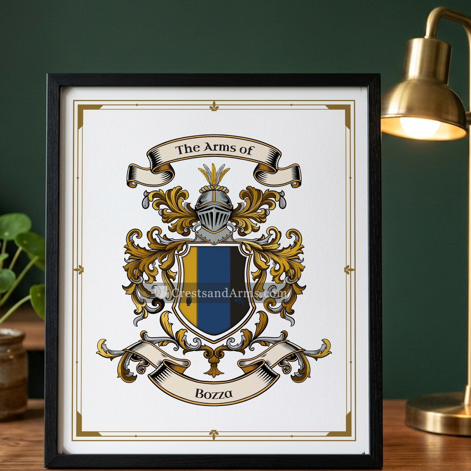 The Bozza arms on the framed, black wood