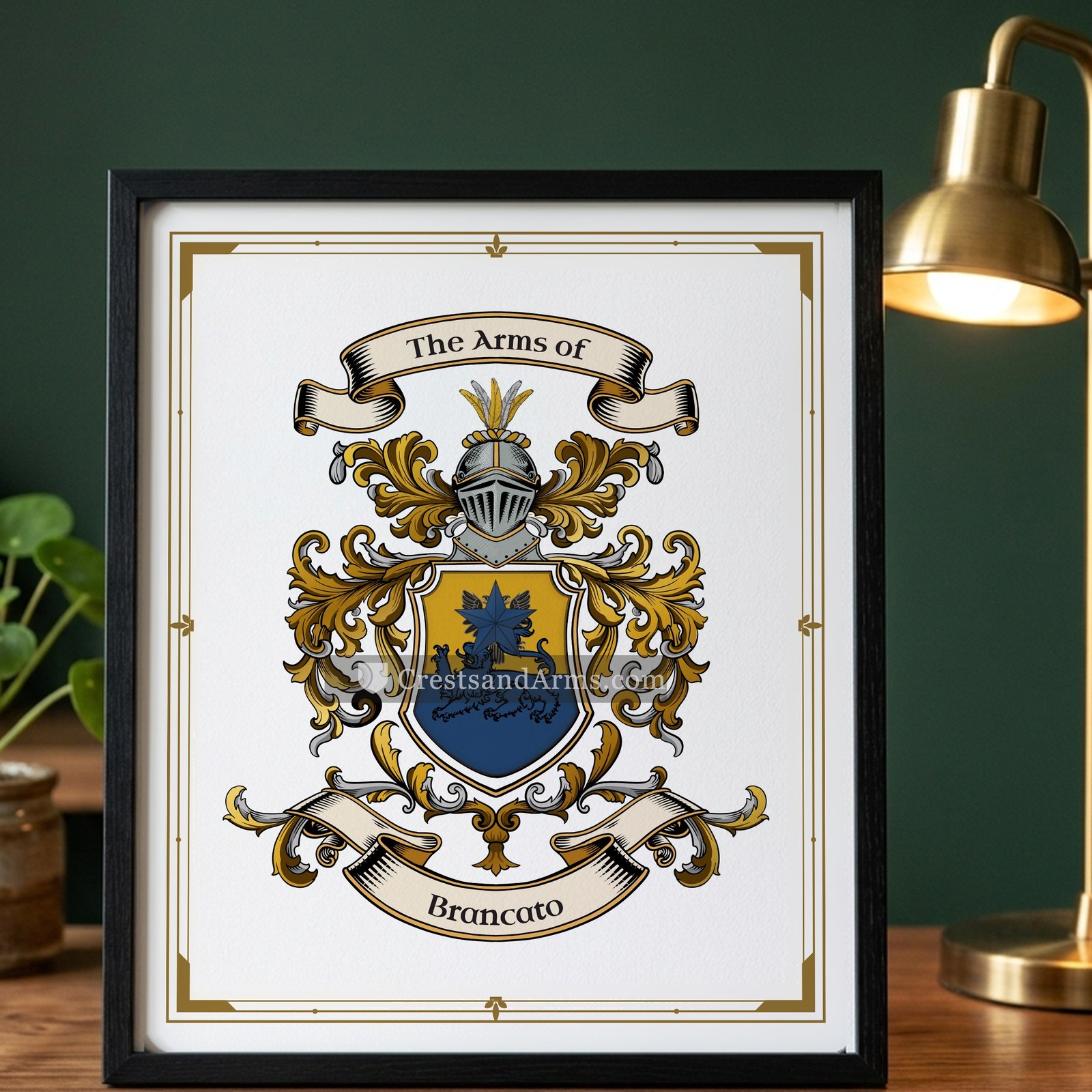 The Brancato arms on the framed, black wood