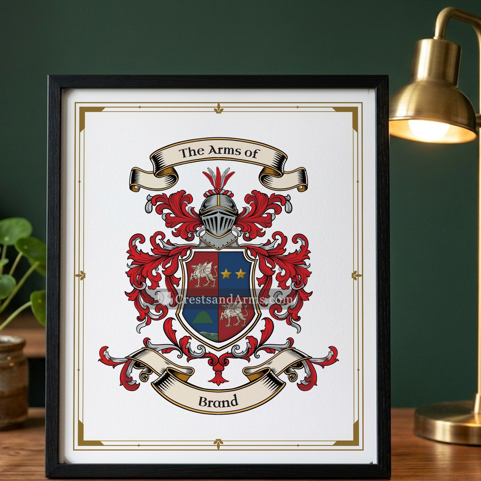 The Brand arms on the framed, black wood