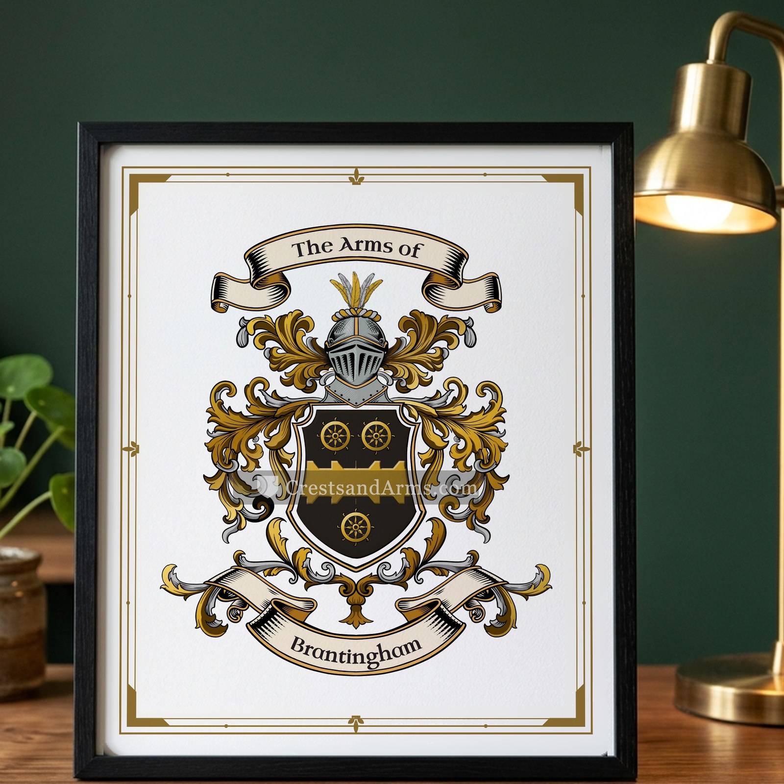 The Brantingham arms on the framed, black wood