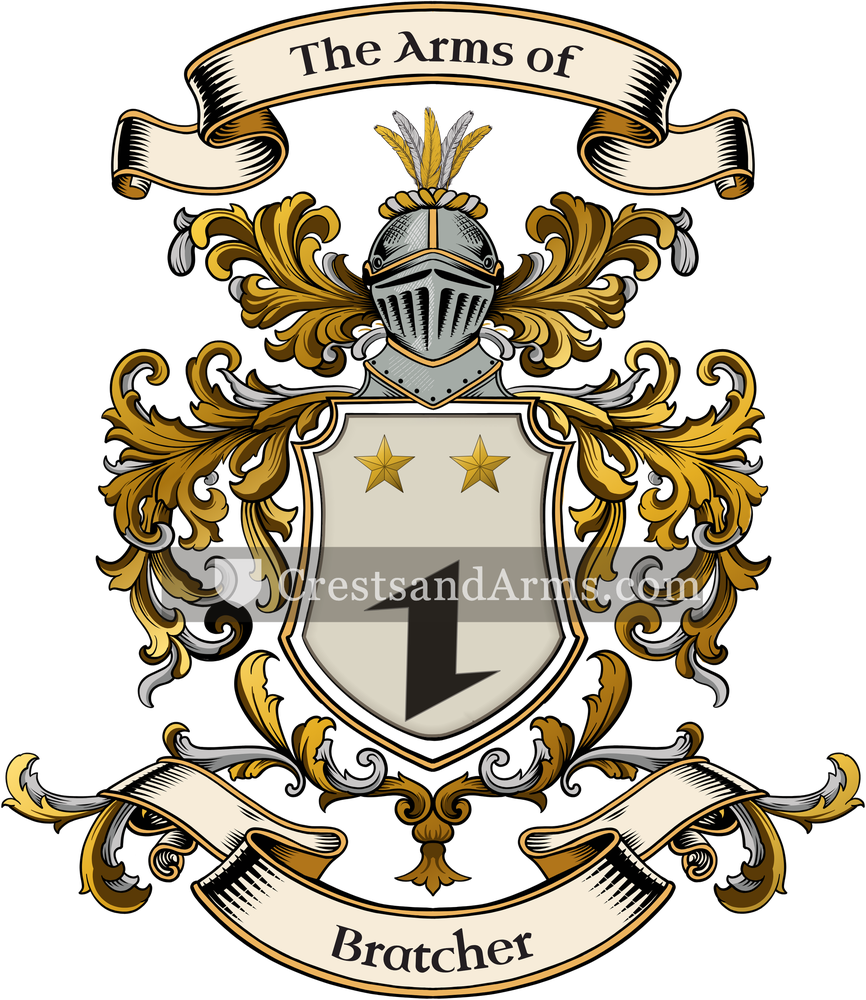 The Bratcher coat of arms, drawn from the recorded blazon