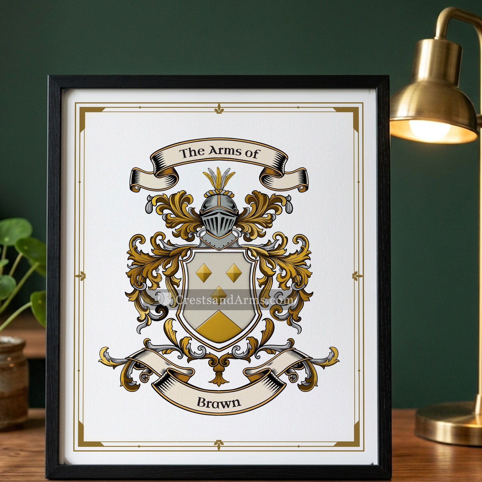 The Brawn arms on the framed, black wood