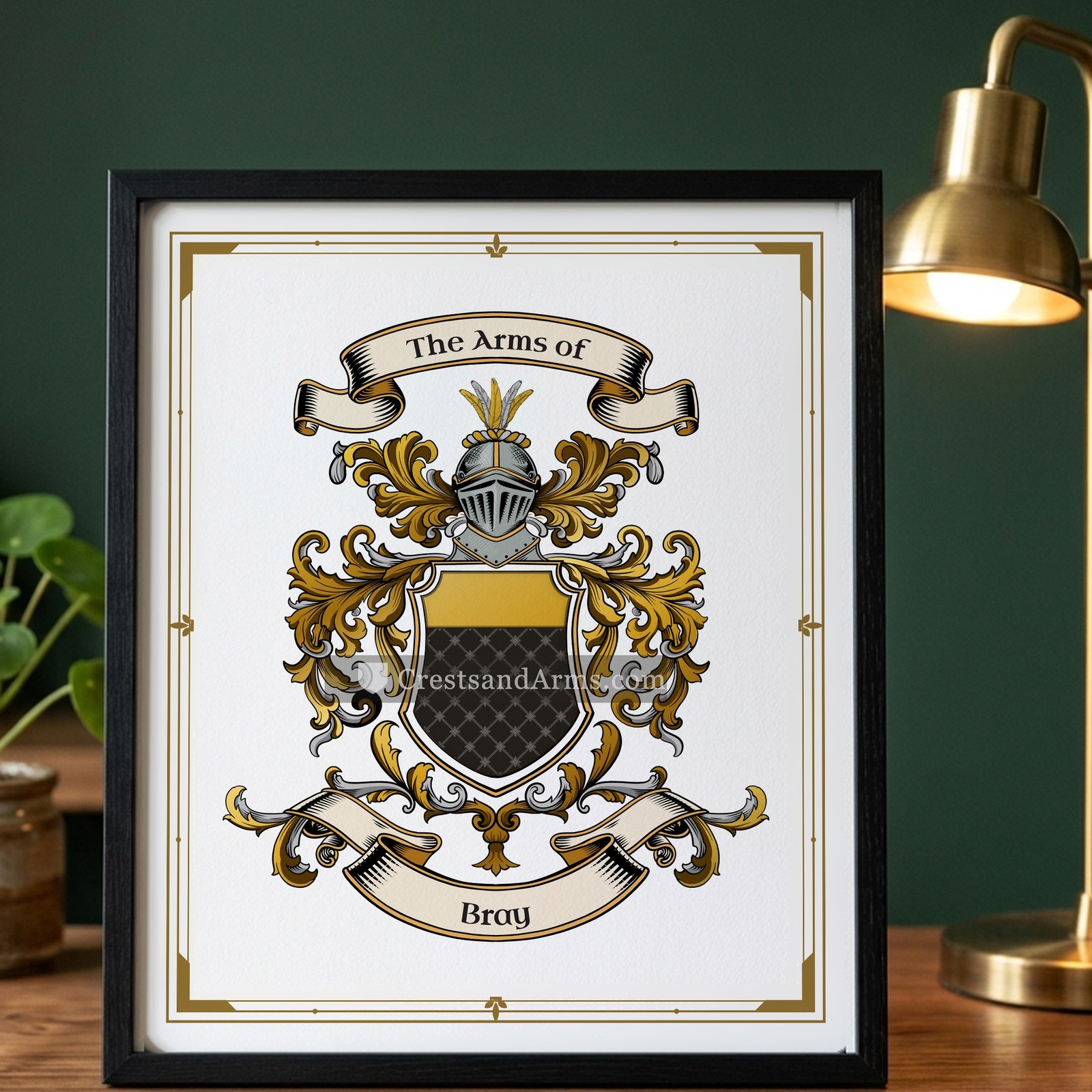 The Bray arms on the framed, black wood
