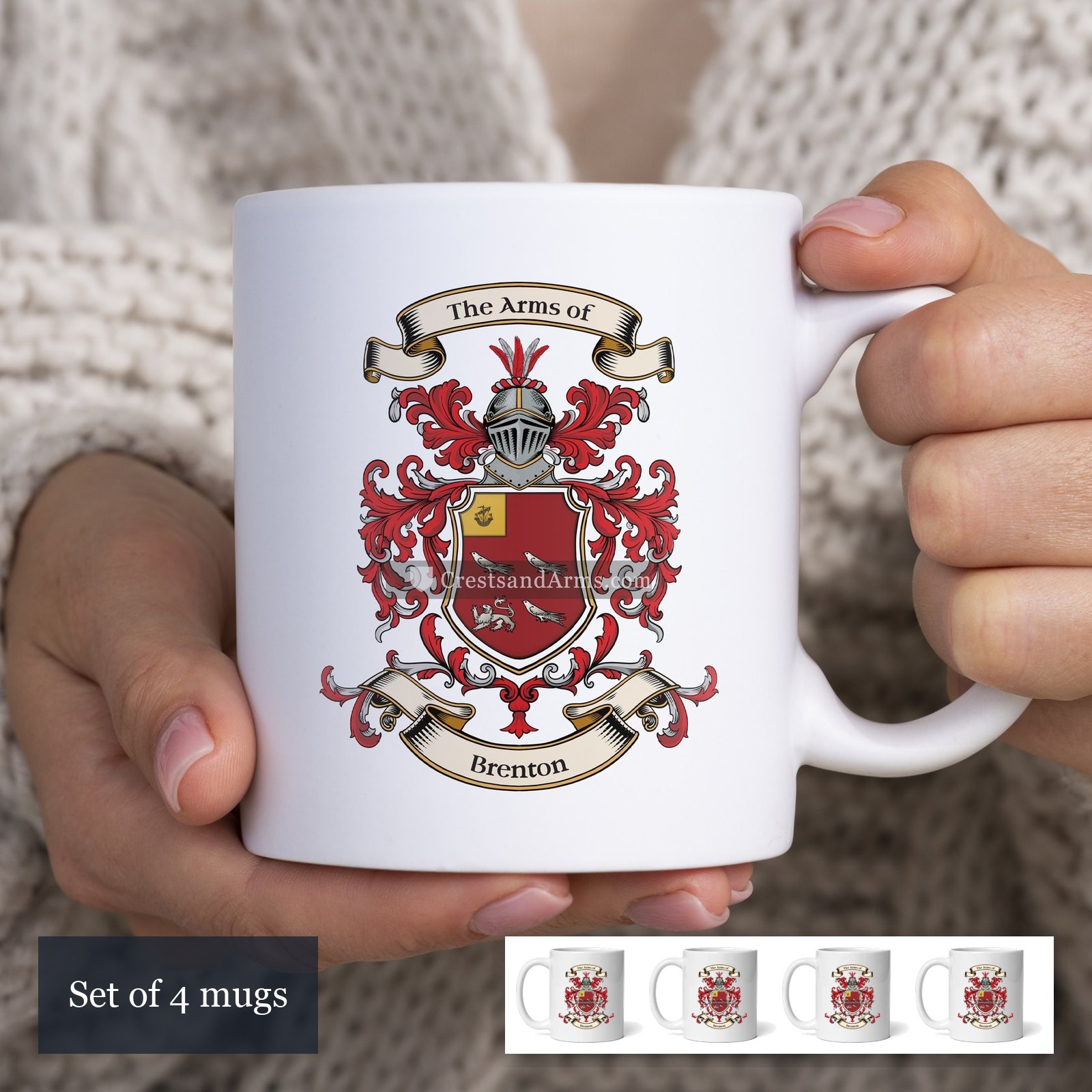 The Brenton arms on the set of 4 mugs