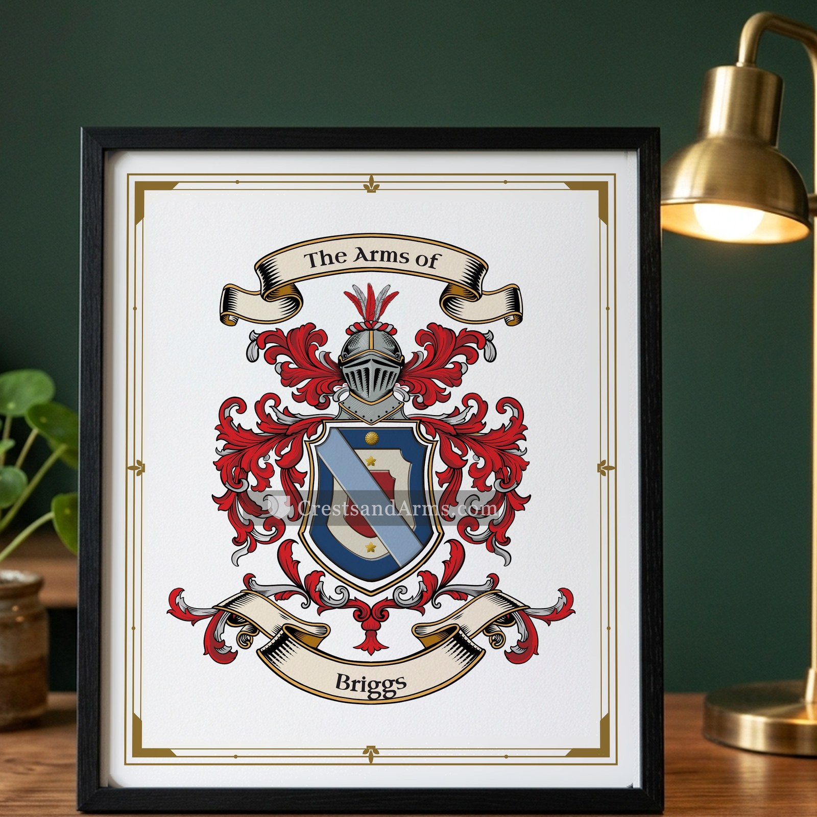 The Briggs arms on the framed, black wood