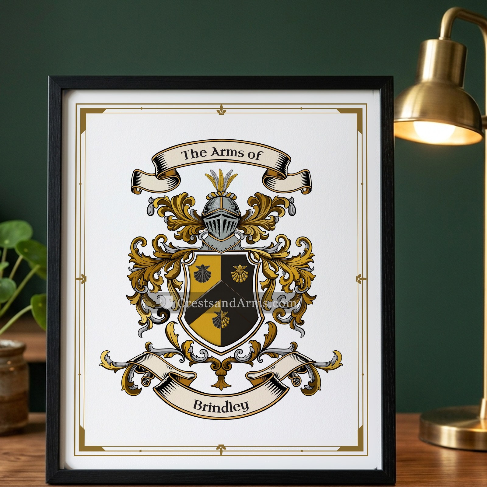 The Brindley arms on the framed, black wood