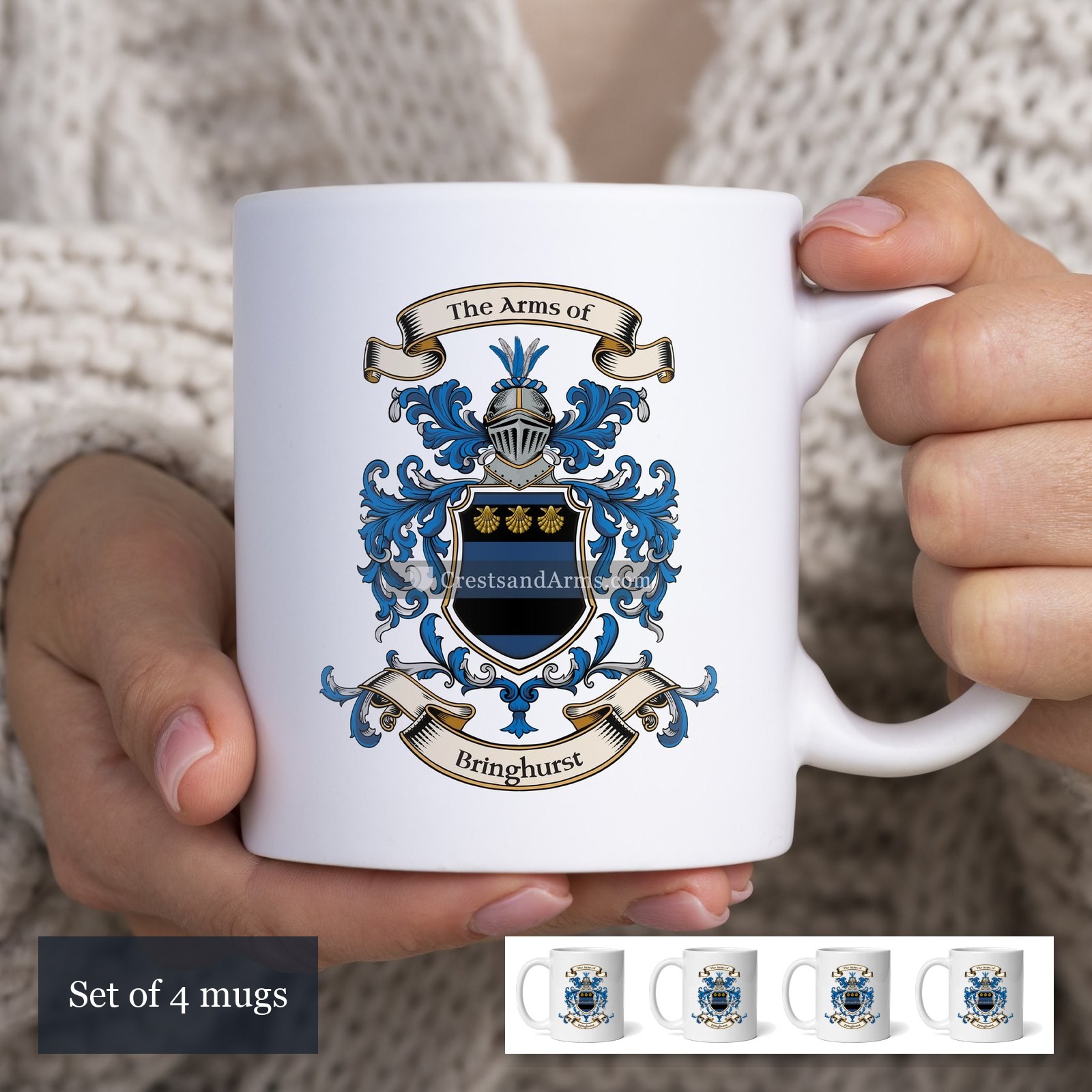 The Bringhurst arms on the set of 4 mugs