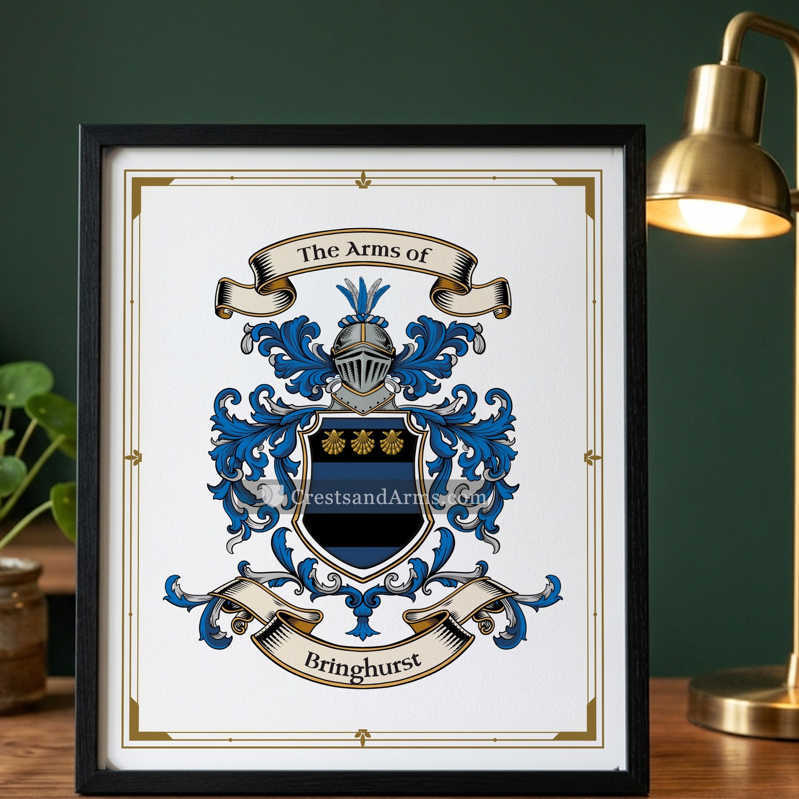 The Bringhurst arms on the framed, black wood
