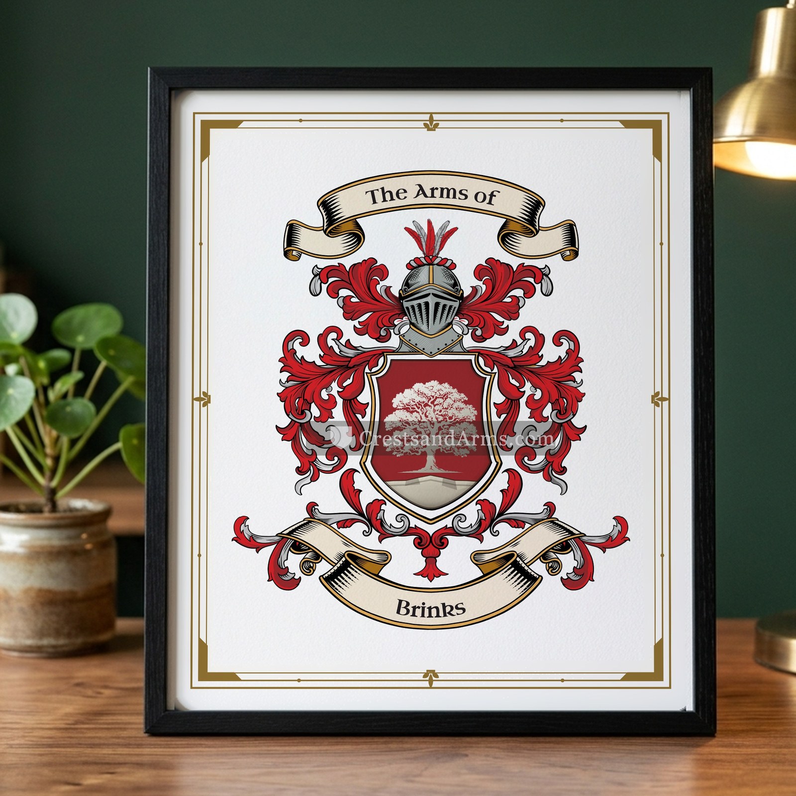 The Brinks arms on the framed, black wood