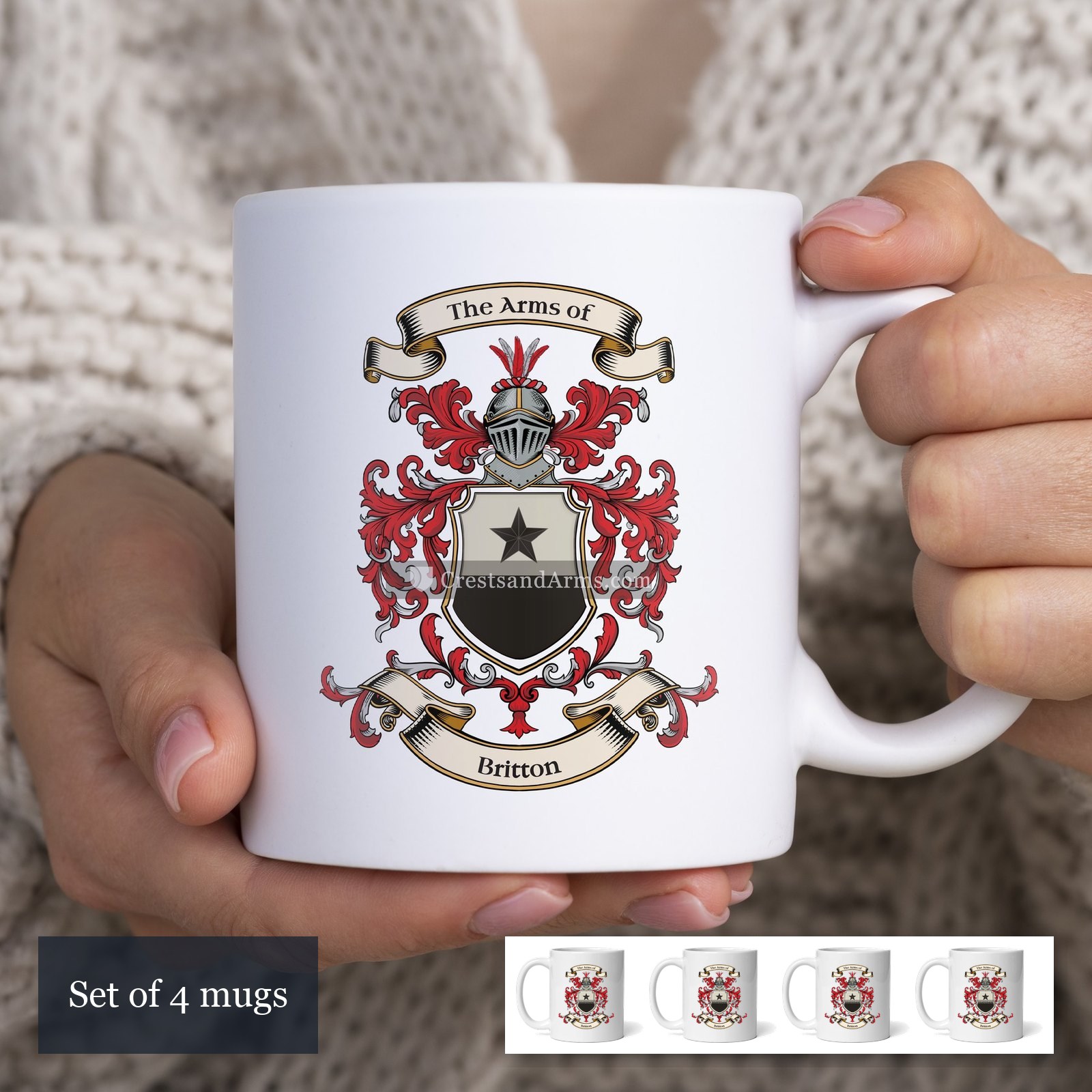 The Britton arms on the set of 4 mugs