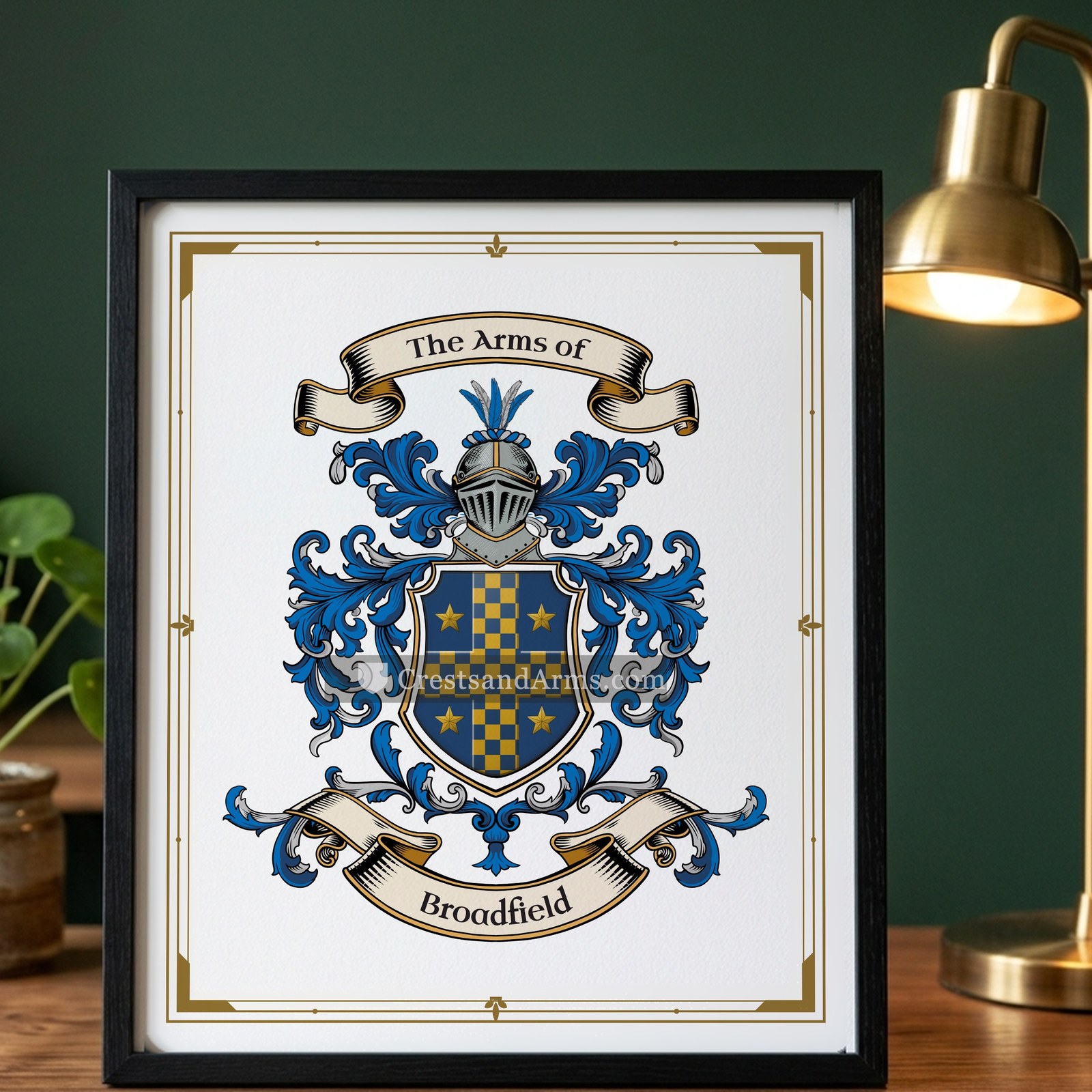 The Broadfield arms on the framed, black wood