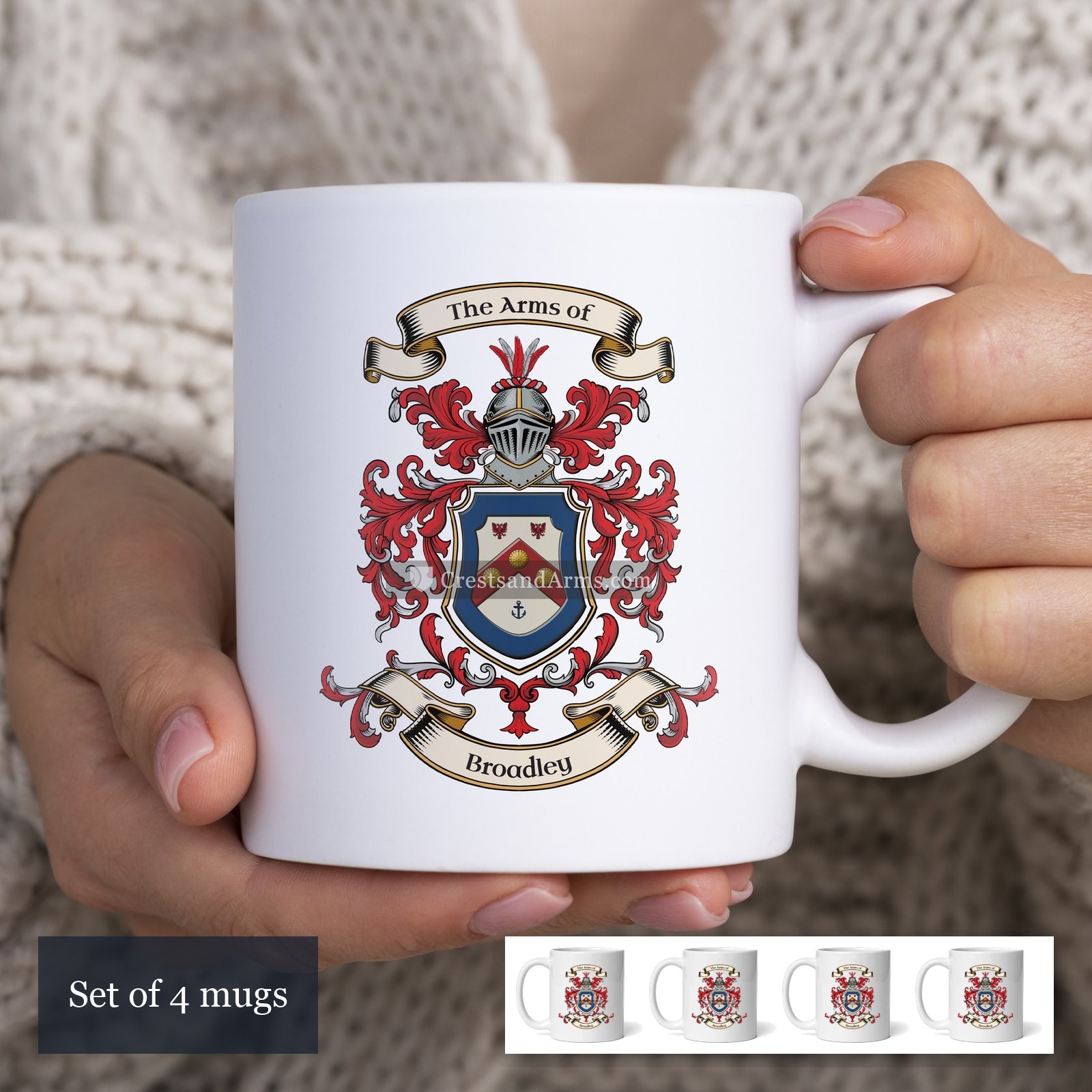 The Broadley arms on the set of 4 mugs