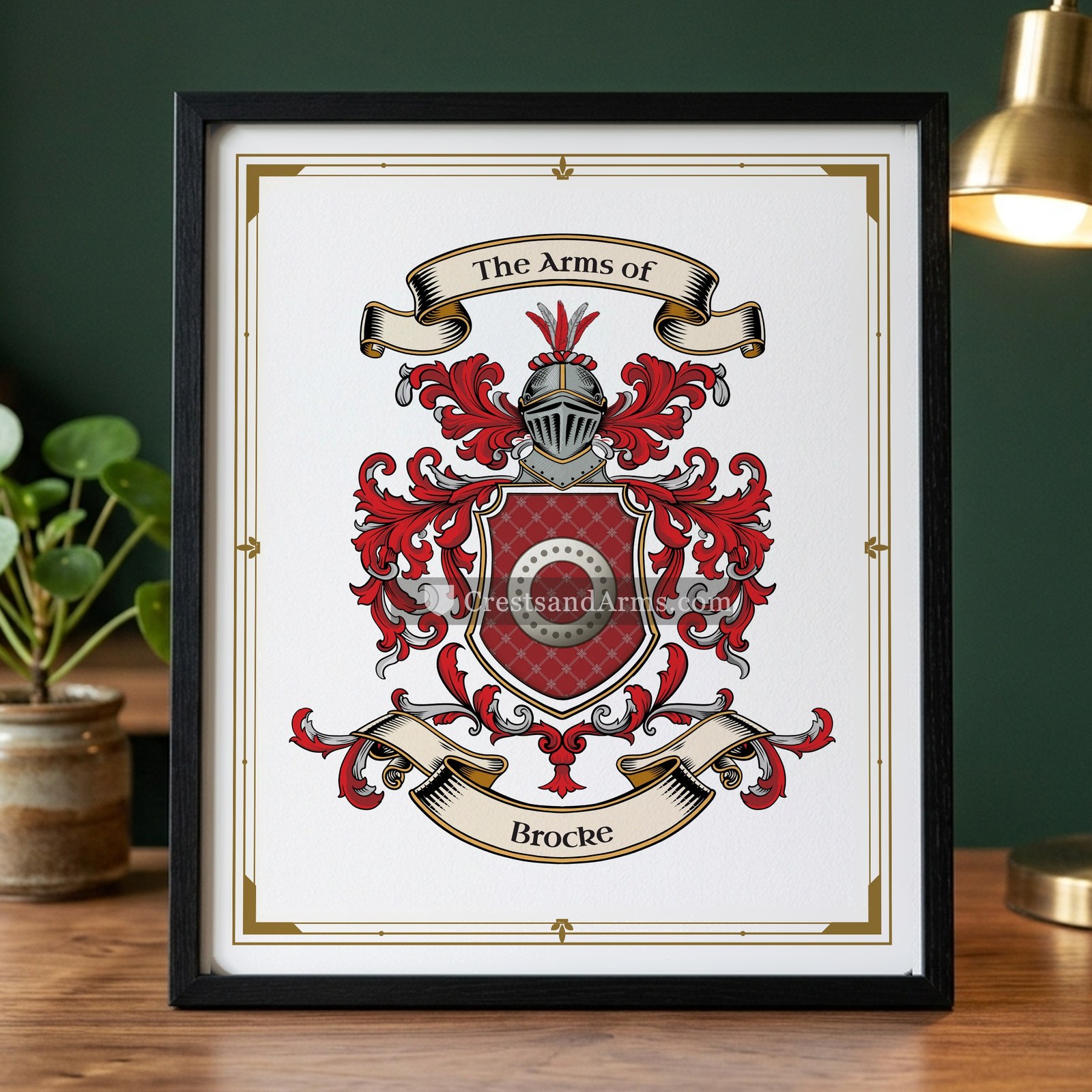 The Brocke arms on the framed, black wood