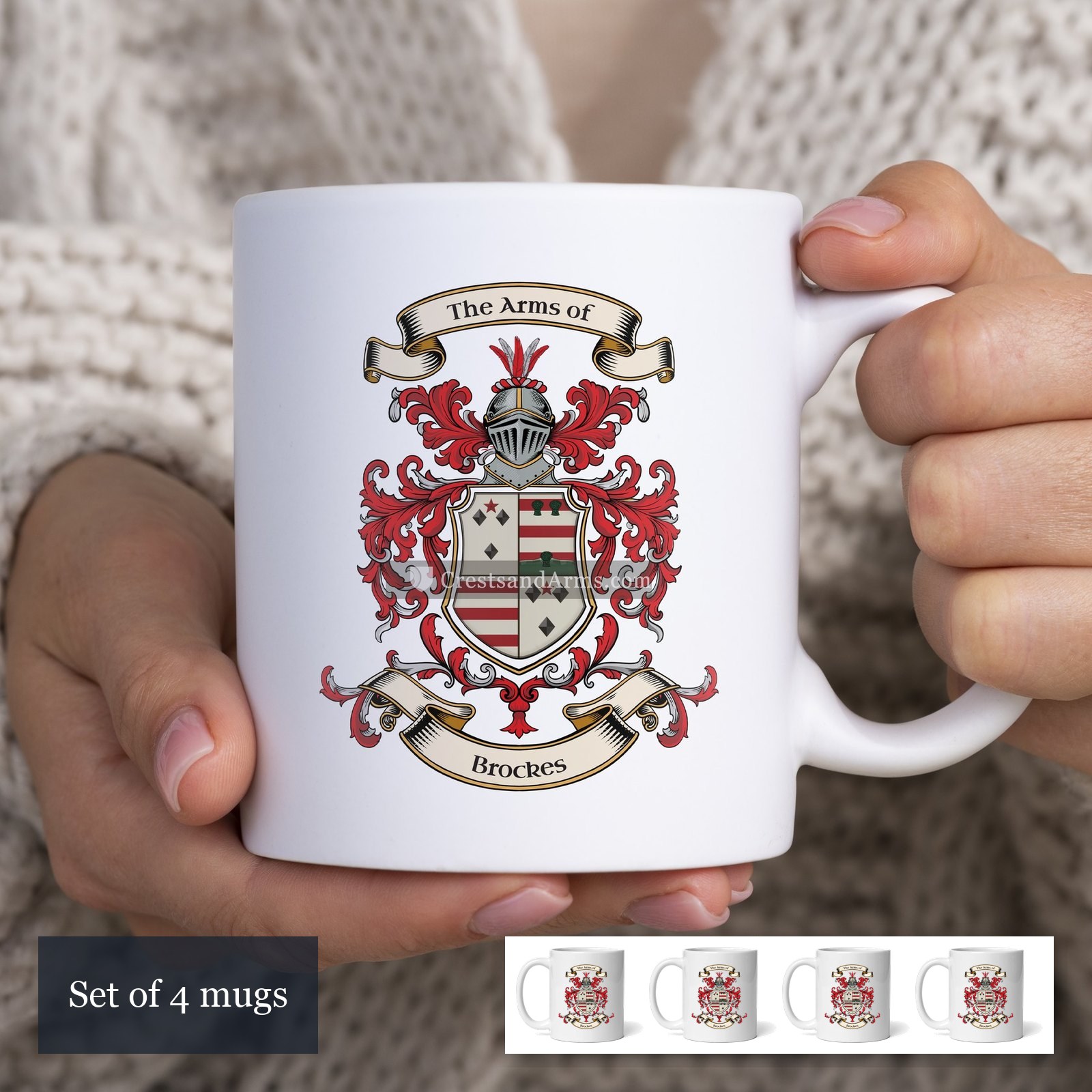 The Brockes arms on the set of 4 mugs