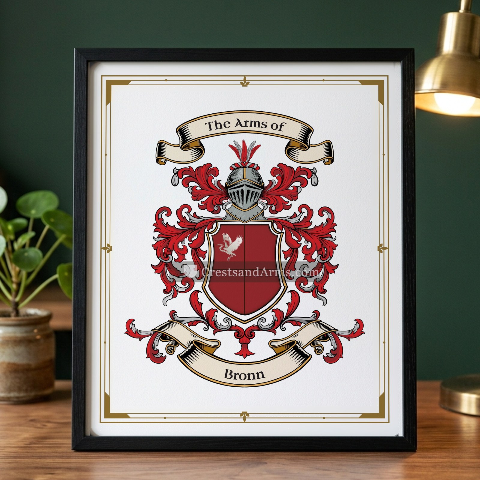 The Bronn arms on the framed, black wood
