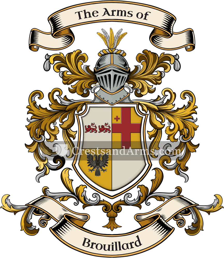 The Brouillard coat of arms, drawn from the recorded blazon