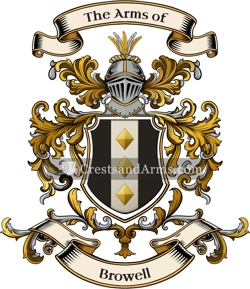 The Browell coat of arms, drawn from the recorded blazon