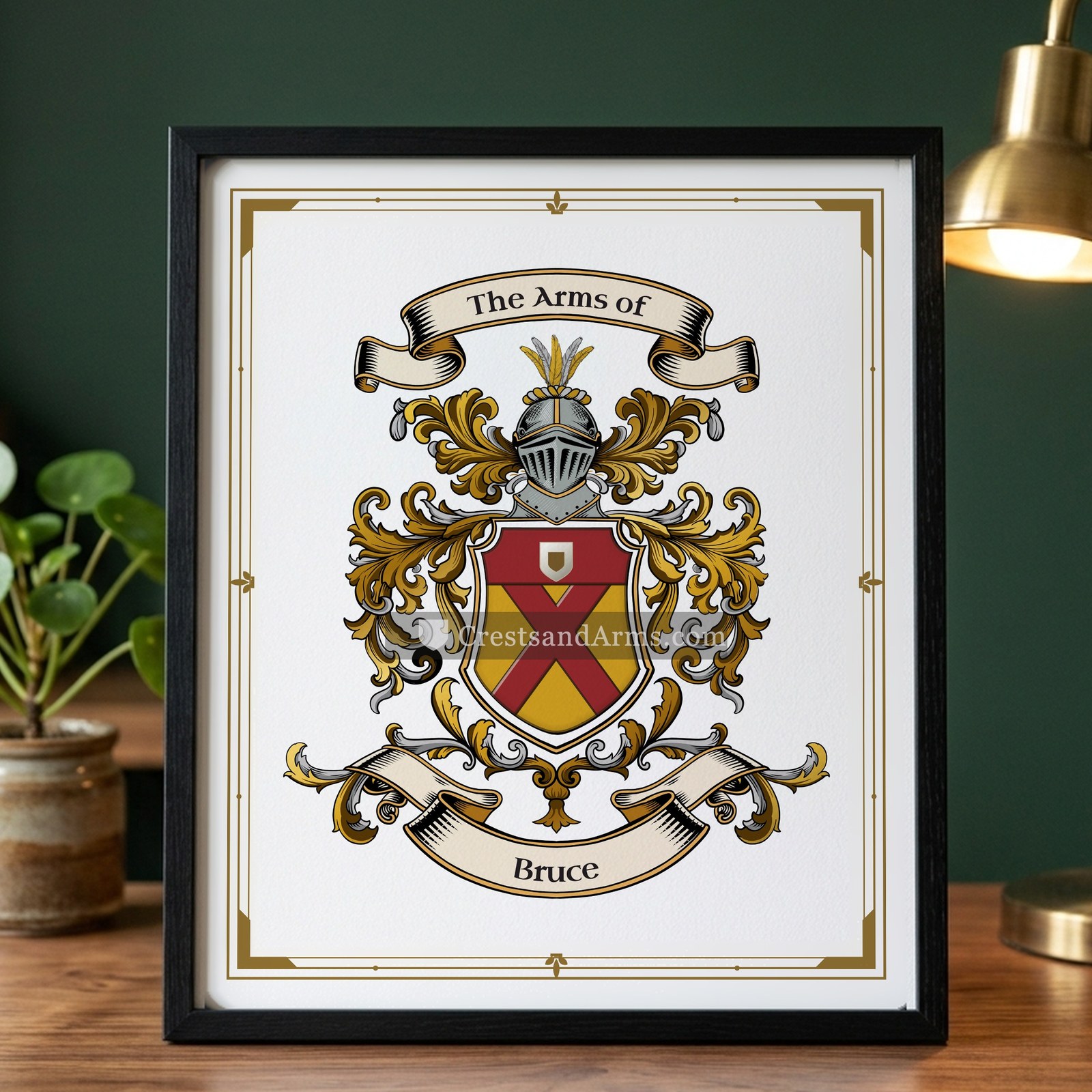 The Bruce arms on the framed, black wood